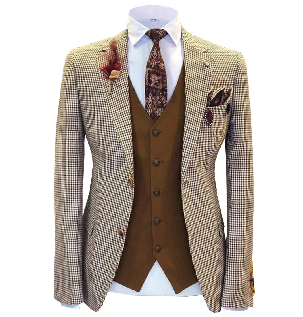 Men's 3-Piece Slim Fit Plaid Suit Set - Classic Tuxedo Blazer, Vest & Pants for Wedding, Groomsmen & Formal Occasions | Perfect for Business, Parties & Special Events
