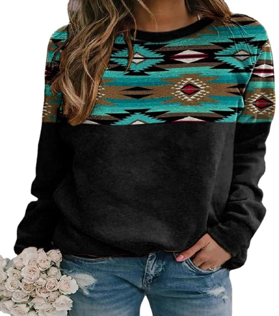 Aztec Sweatshirt Women - Retro Crewneck Long Sleeve for Casual Wear