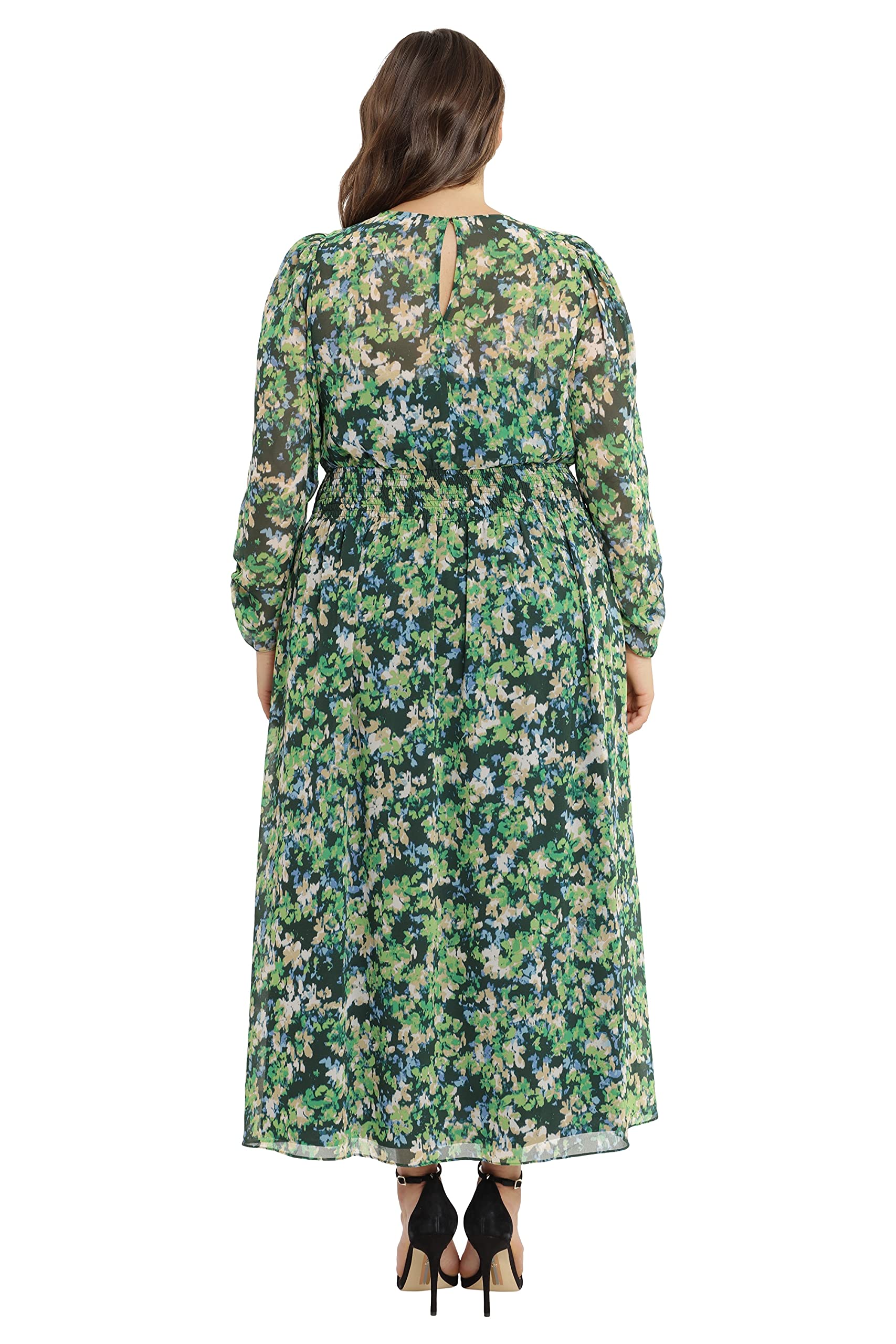 Maggy London Women's Front Keyhole Smocked Waist Midi Dress - Elegant Floral Print Summer Dress for Cocktail Parties, Weddings & Office Wear