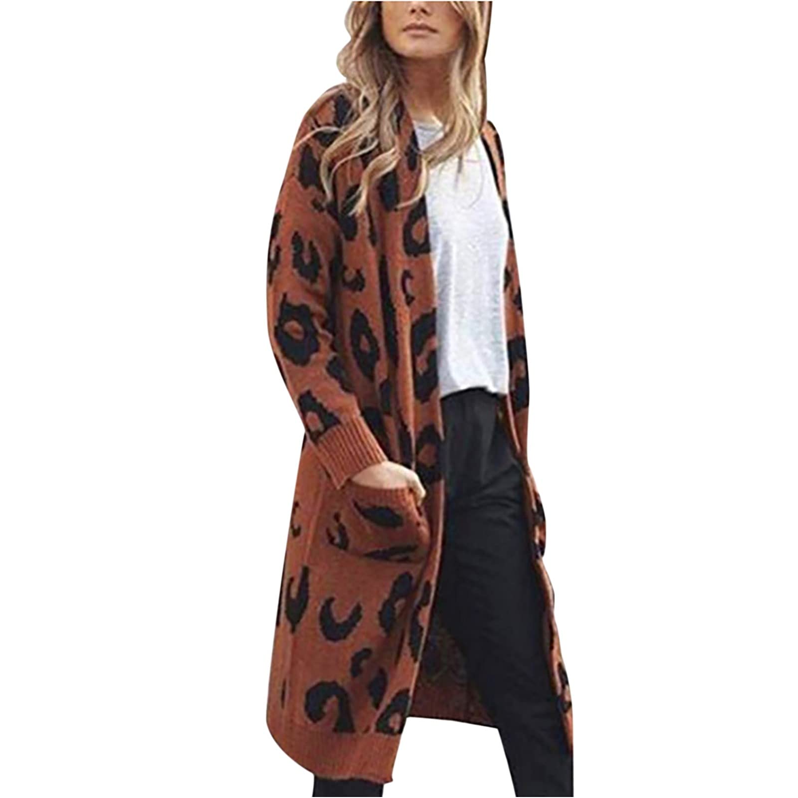 Women's Knitted Leopard Print Cardigan - Open Front Longline Coat Jacket for Fall & Spring | Casual Outfits, Office Wear & Layering Essential