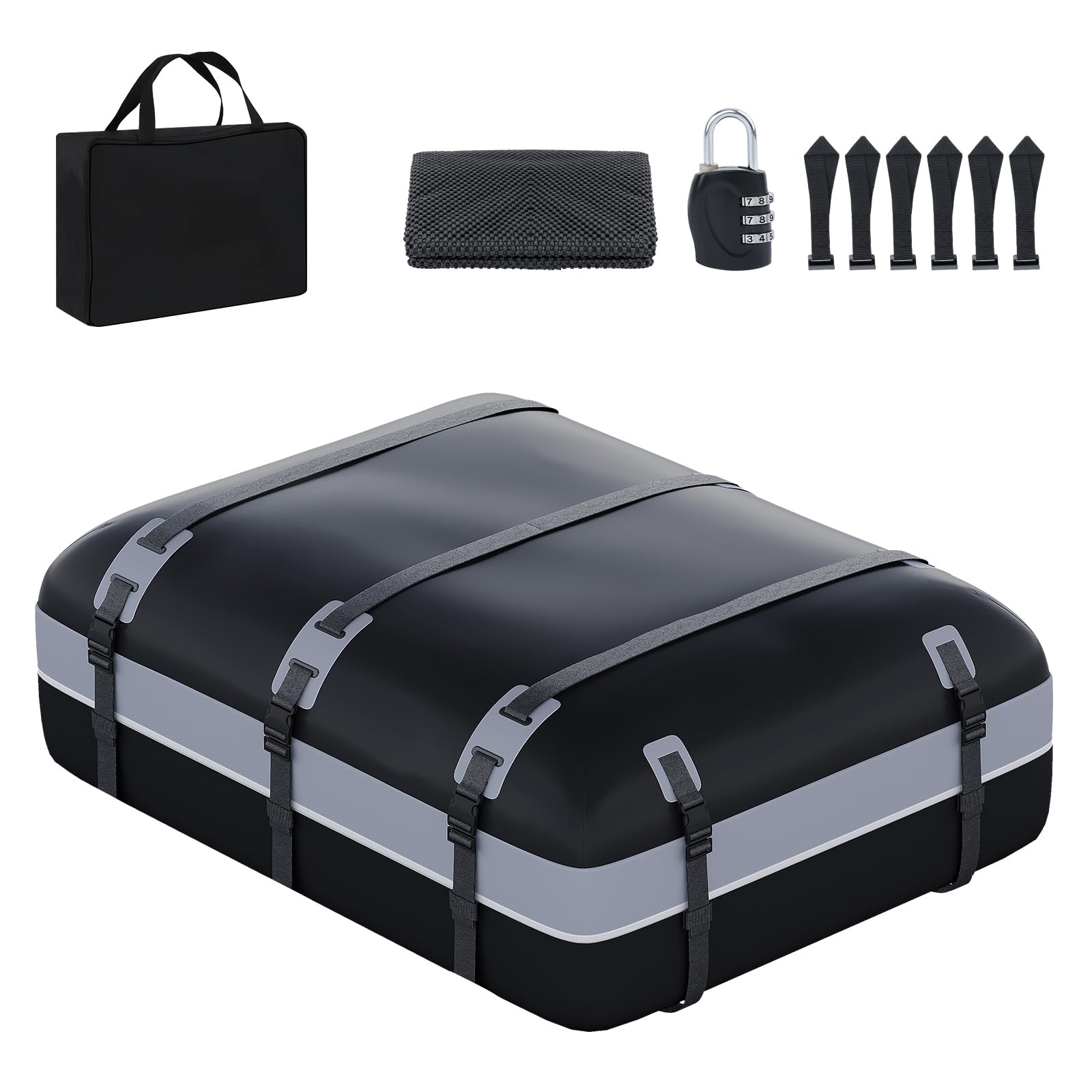 Waterproof Soft Roof Top Cargo Bag Carrier for Cars, SUVs & Trucks - 21 Cubic Feet Storage with Anti-Slip Mat, Luggage Lock & Door Hooks | Perfect for Road Trips, Camping Gear & Extra Luggage (Gray-Black)