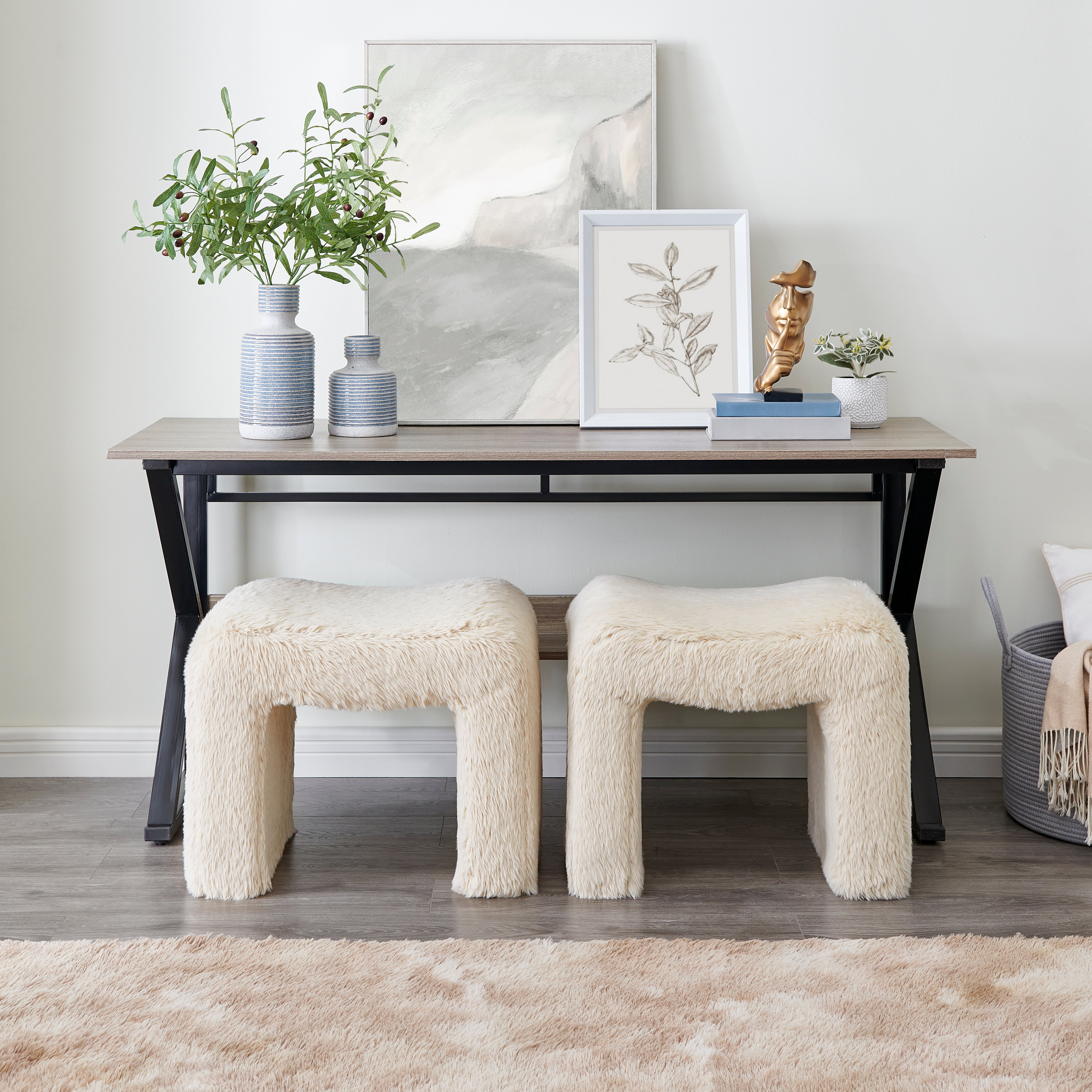 Roundhill Furniture Zorya Contemporary Faux Fur U-Shaped Ottoman Set of 2 - Modern Living Room Accent, Bedroom Footrest, Cozy Home Decor for Stylish Comfort