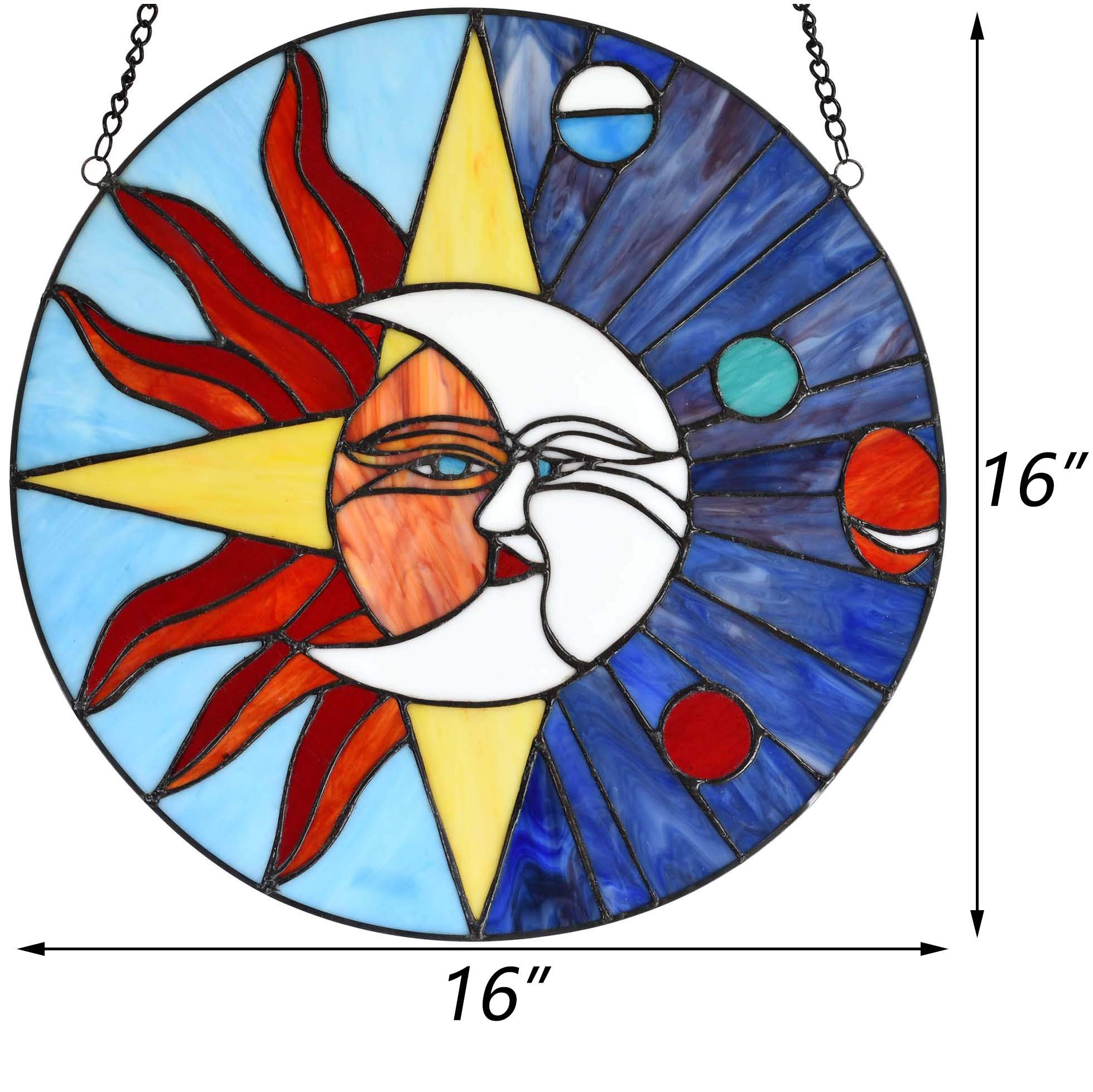 Bieye W10043 Tiffany Style Stained Glass Window Panel - Sun Moon Star & Solar System Planets Design, 16-inch Round Blue Decorative Art for Home, Church & Office Decor