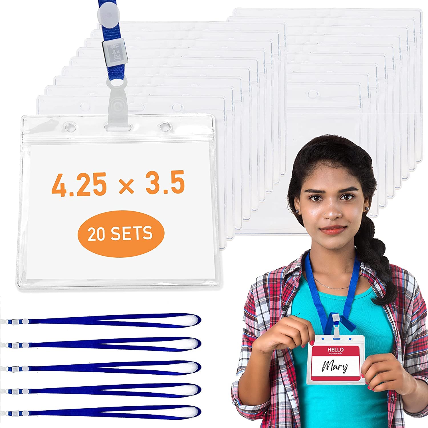 20-Pack Clear PVC ID Badge Holders with Lanyards - 4.25×3.5