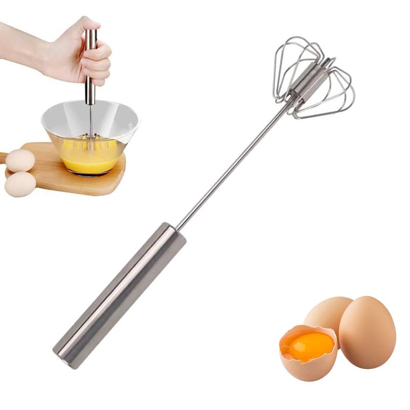2024 New Stainless Steel Semi-Automatic Egg Whisk - Hand Push Rotary Blender for Cooking, Baking & Mixing | Perfect for Kitchen, Home, Restaurants | Egg Scrambler & Milk Frother (10 inch, Silver)