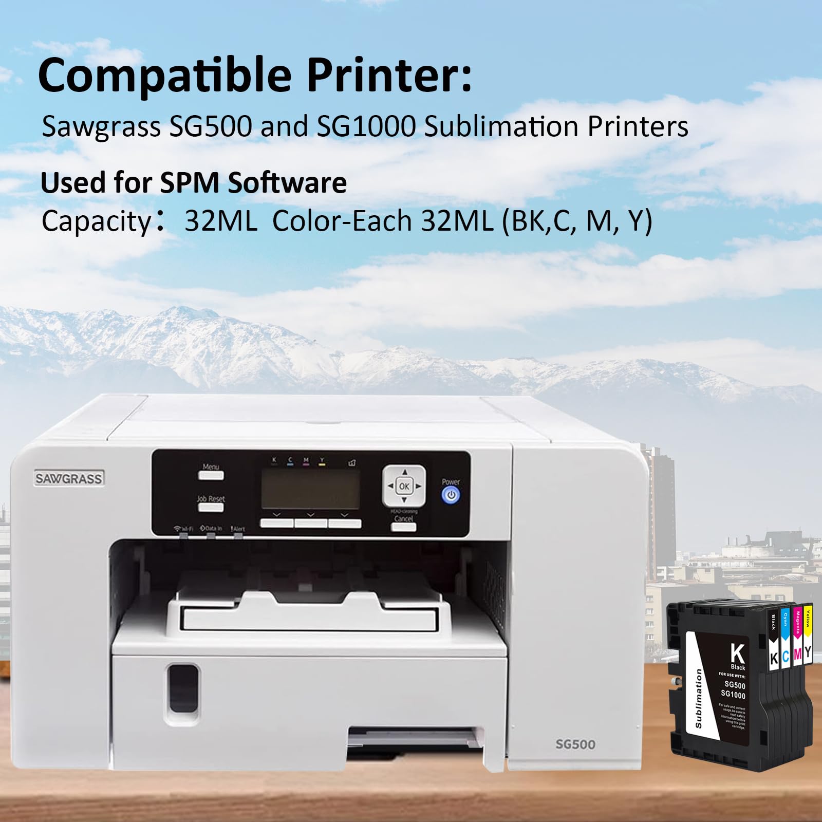SG500 SG1000 Sublimation Ink Cartridge 4-Pack (Black, Cyan, Magenta, Yellow) - Compatible with Sawgrass Virtuoso Printers - Ideal for T-Shirt, Mug & Custom Apparel Printing