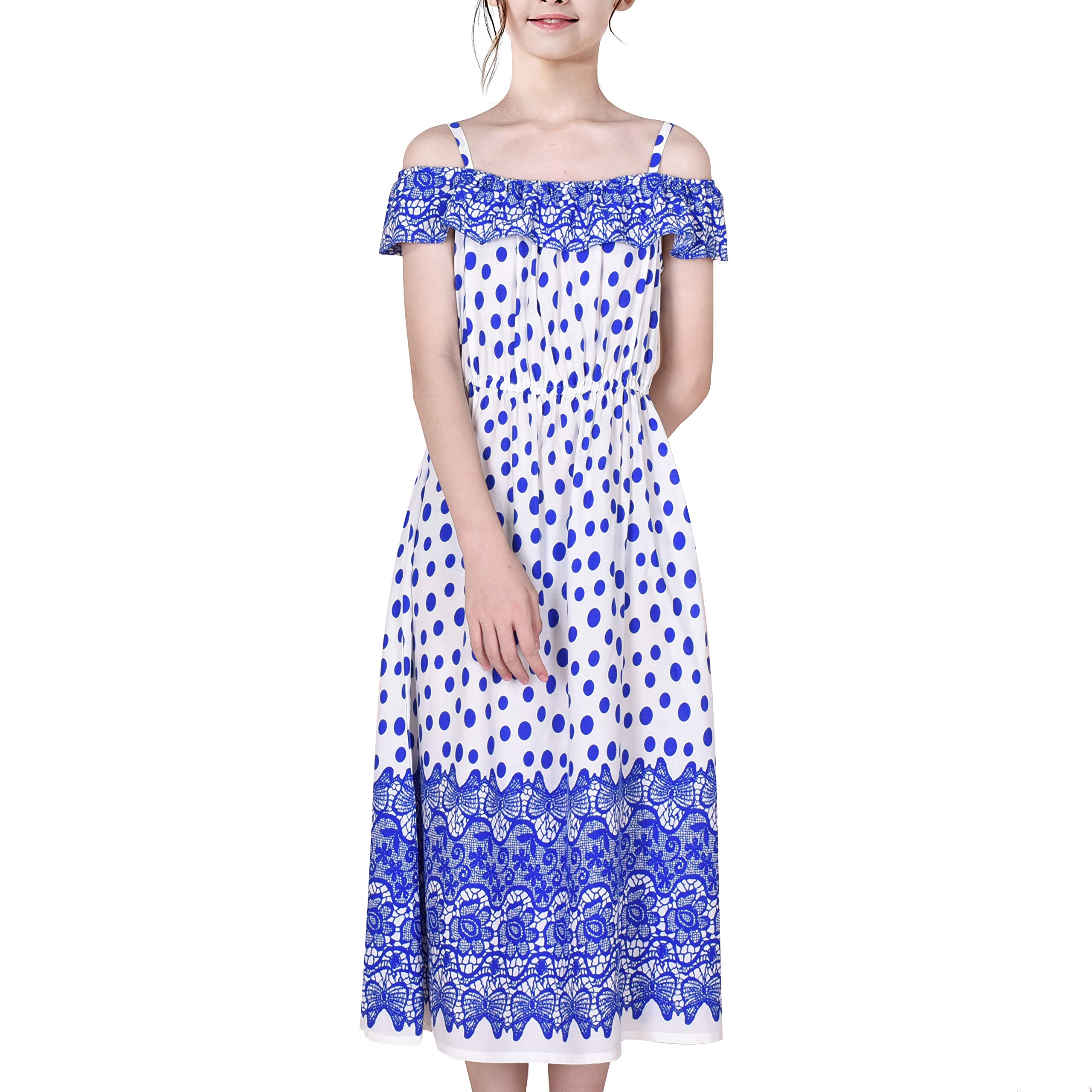 Sunny Fashion Girls' Blue Polka Dot Cold Shoulder Dress - Size 7-14 for Summer Beach Vacation & Tropical Party Outfit
