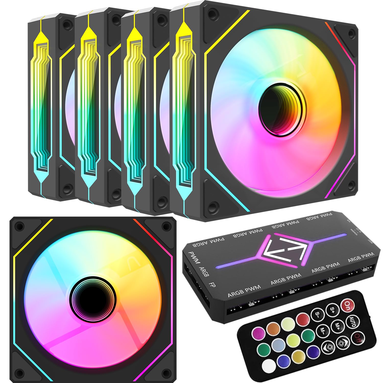 5-Pack 120mm RGB PWM PC Case Fans with ARGB Lighting, Fan Hub & Remote Control - High Speed Cooling for Gaming PC, Liquid Cooling System & Computer Case - Perfect for Custom RGB Builds & PC Modding