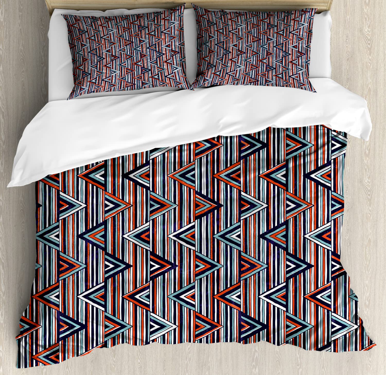 Ambesonne Tribal Duvet Cover Set Queen Size - 2 Pack Striped Abstract Pattern with Geometric Triangles, Cinnamon Black Teal - Includes 2 Duvet Covers & 4 Pillowcases for Modern Bedroom Decor | Boho Chic Home Styling & Guest Room Essentials