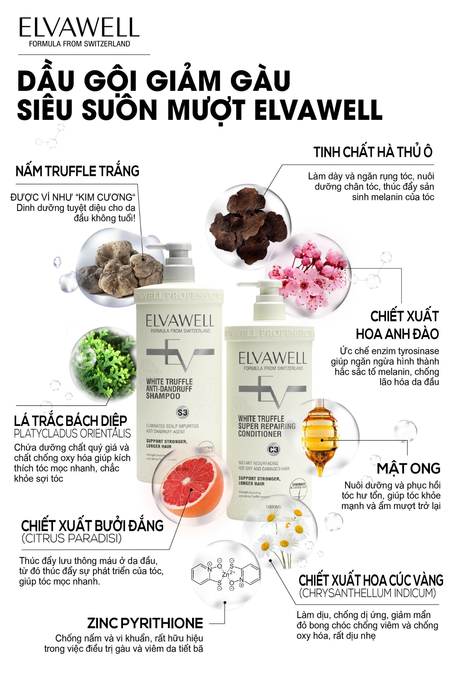 Elvawell White Truffle Anti-Dandruff Shampoo & Conditioner Set - 1000ml (33.8oz) 1.84lb Each, Pack of 2 - For Dry Scalp & Itchy Hair Care - Perfect for Daily Use at Home or Salon