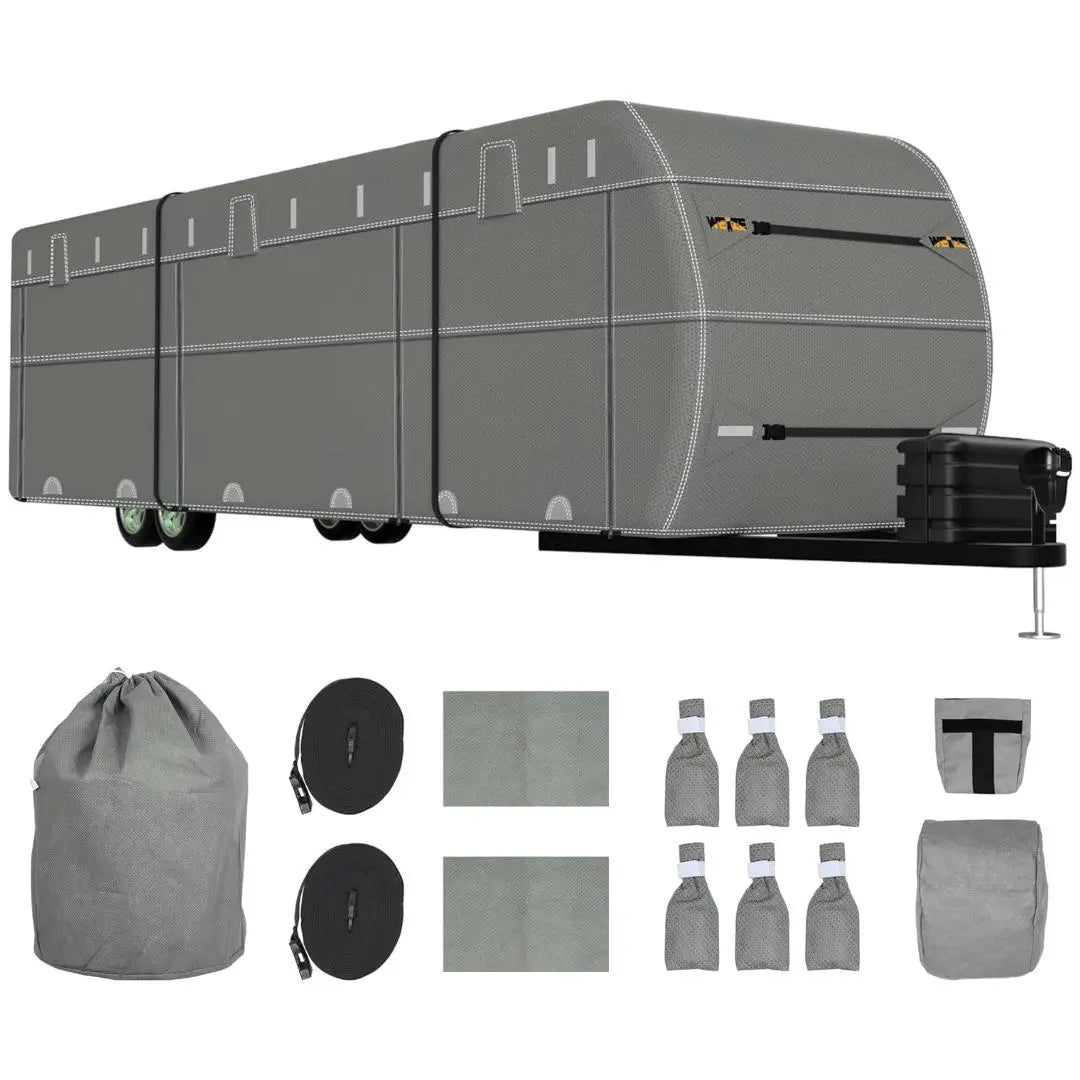 **Waterproof RV Cover for 34-37ft Travel Trailers - UV Resistant, Windproof Camper Cover with Extra Straps & Gutter Protection - Ideal for Outdoor Storage & Winter Protection**