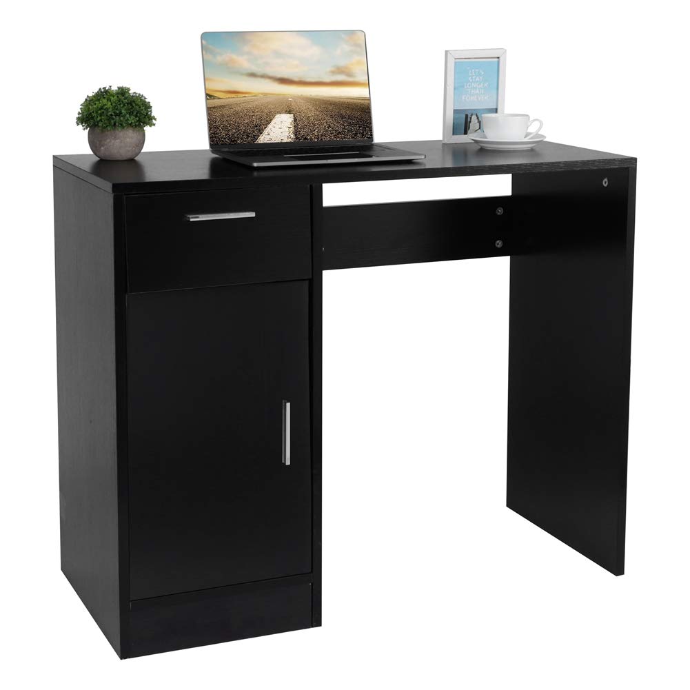 Compact Black Computer Desk with Drawer Cabinet - Standing PC Laptop Table, Study Desktop Workstation for Home Office, Perfect for Small Spaces and Remote Work