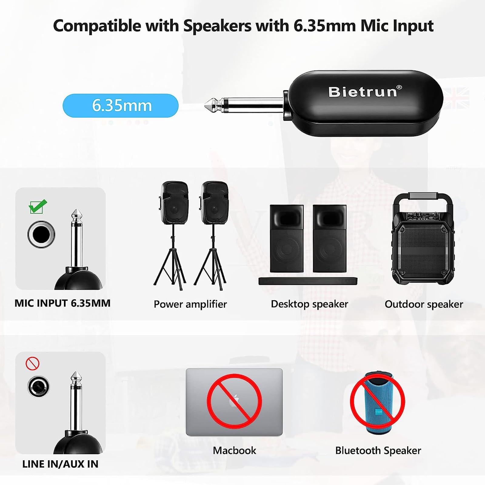 Bietrun UHF Wireless Microphone Headset with 1/4'' Plug, 165ft Range, 2-in-1 Headset & Handheld Mic for Karaoke, Amplifiers, PA Systems, Teaching, Fitness, Church Services, and Outdoor Events (Black)