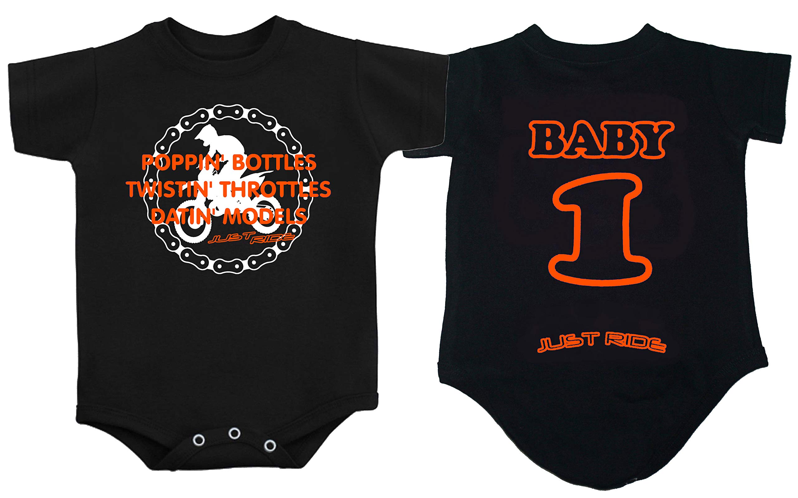 Personalized Black Motocross Baby One-Piece Creeper - JUST RIDE Poppin' Bottles Twistin' Throttles Design - Perfect for Motorcycle Enthusiast Parents & Infant Photo Shoots