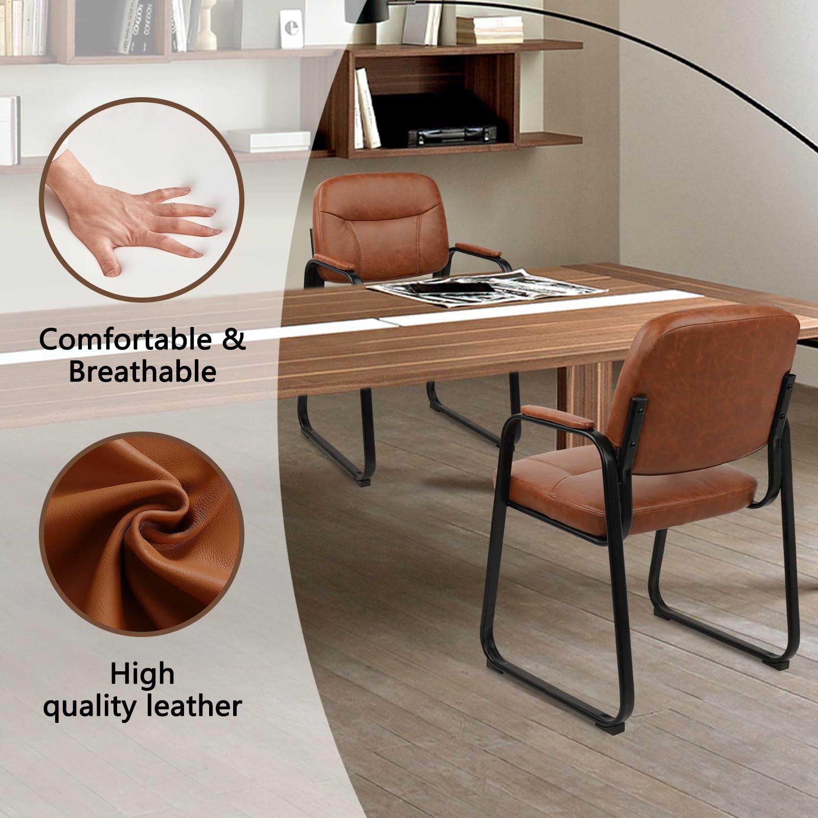 CLATINA 4-Pack Modern Leather Reception Chairs - No Wheels, Padded Arms, Sled Base - Brown Office Guest Chairs for Conference Rooms, Lobby, Waiting Areas & Home Office Use