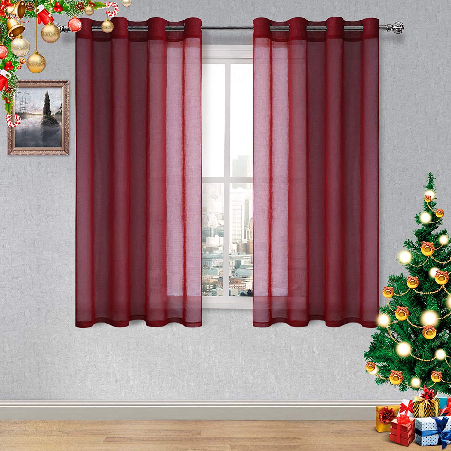 DWCN Amaranth Red Sheer Voile Curtains - Set of 2 Panels 52x45 Inch, Light Filtering Grommet Window Drapes for Bedroom, Living Room & Patio Door - Elegant Home Decor for Natural Light & Privacy Control