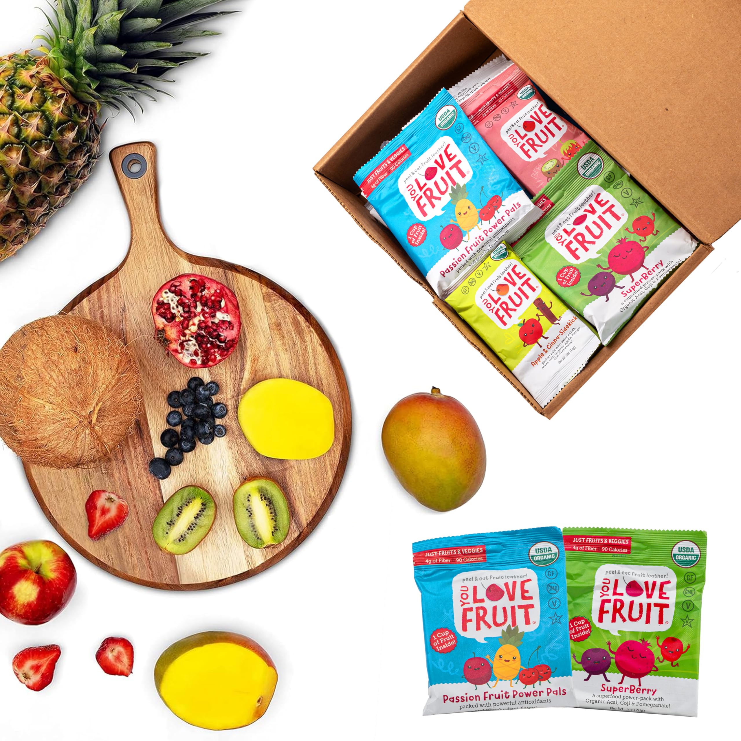 YOU LOVE FRUIT - 24 Pack Natural Fruit Snacks Gift Box | 100% Gluten-Free, Vegan, High Fiber, Low Fat Healthy Snacks for Kids, Students & Offices | Apple Cinnamon, Mango, Berry & More Flavors | Perfect for Lunchboxes, School Snacks & Office Breaks