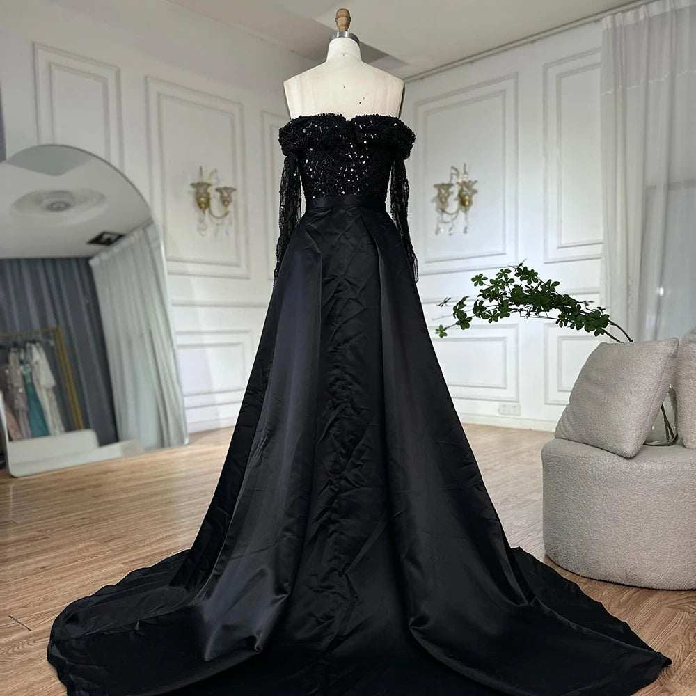 Luxury Black Off Shoulder Beaded Corset Evening Gown with Detachable Satin Overskirt - Dubai Inspired Formal Dress LA72254B for Prom, Wedding & Red Carpet Events