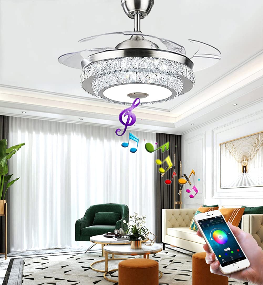 42 Inch Modern Retractable Crystal Ceiling Fan with LED Lights - Smart 7 Color Dimmable Chandelier & Bluetooth Speaker - Remote Control, Silent Motor - Perfect for Living Room, Bedroom, and Dining Room