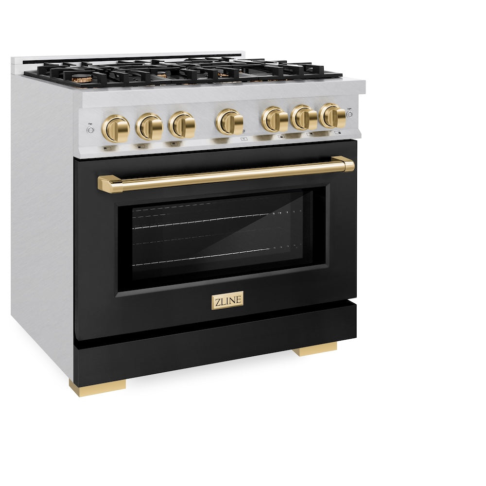 ZLINE Autograph Edition 36 Inch 5.2 Cu Ft Gas Range with 6 Burner Cooktop & Convection Oven - Satin Stainless Steel with Black Matte Door & Gold Accents (HGRSZ BLM 36 G) - Perfect for Modern Kitchens, Home Chefs & Professional Style Cooking