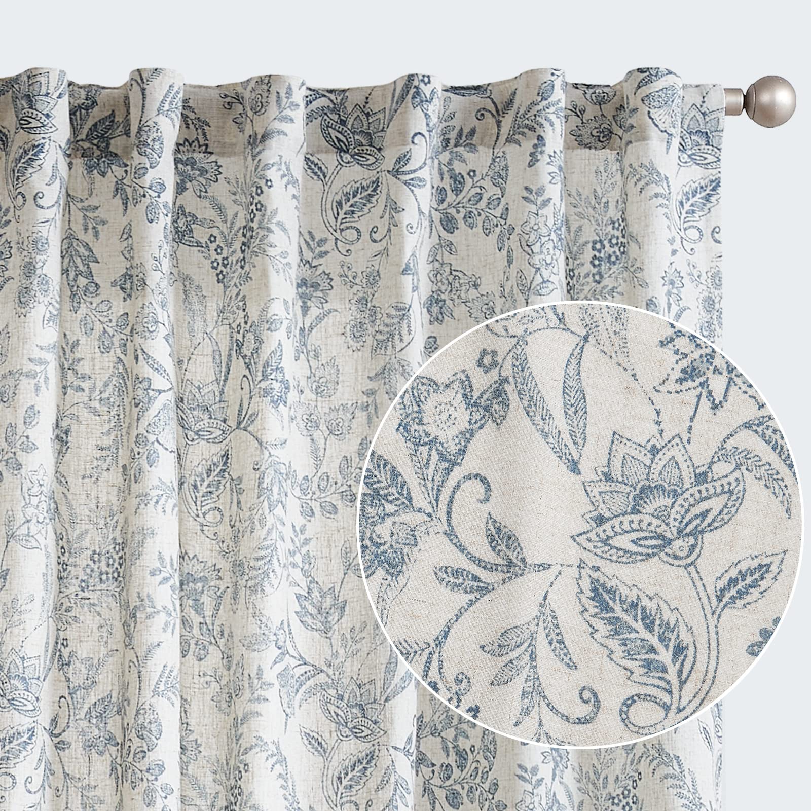 JINCHAN Blue Floral Linen Curtains for Living Room & Kitchen - 63 Inch Light Filtering Farmhouse Style Semi-Sheer Window Drapes with Back Tab (2 Panels, Blue on Beige) - Perfect for Country Cottage, Boho Decor & Sunlit Windows