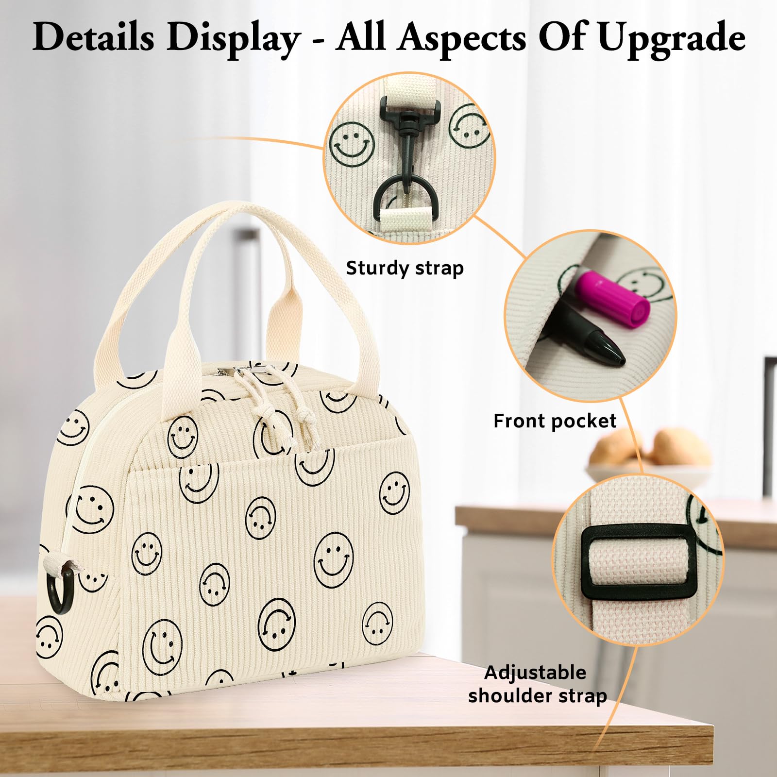 Insulated Reusable Lunch Bag for Women & Men - Large Corduroy Lunch Box with Shoulder Strap, Cute Smiley Tote Bag for Work, Office, School, Picnic & Outdoor Activities | Eco-Friendly Cooler Lunch Case