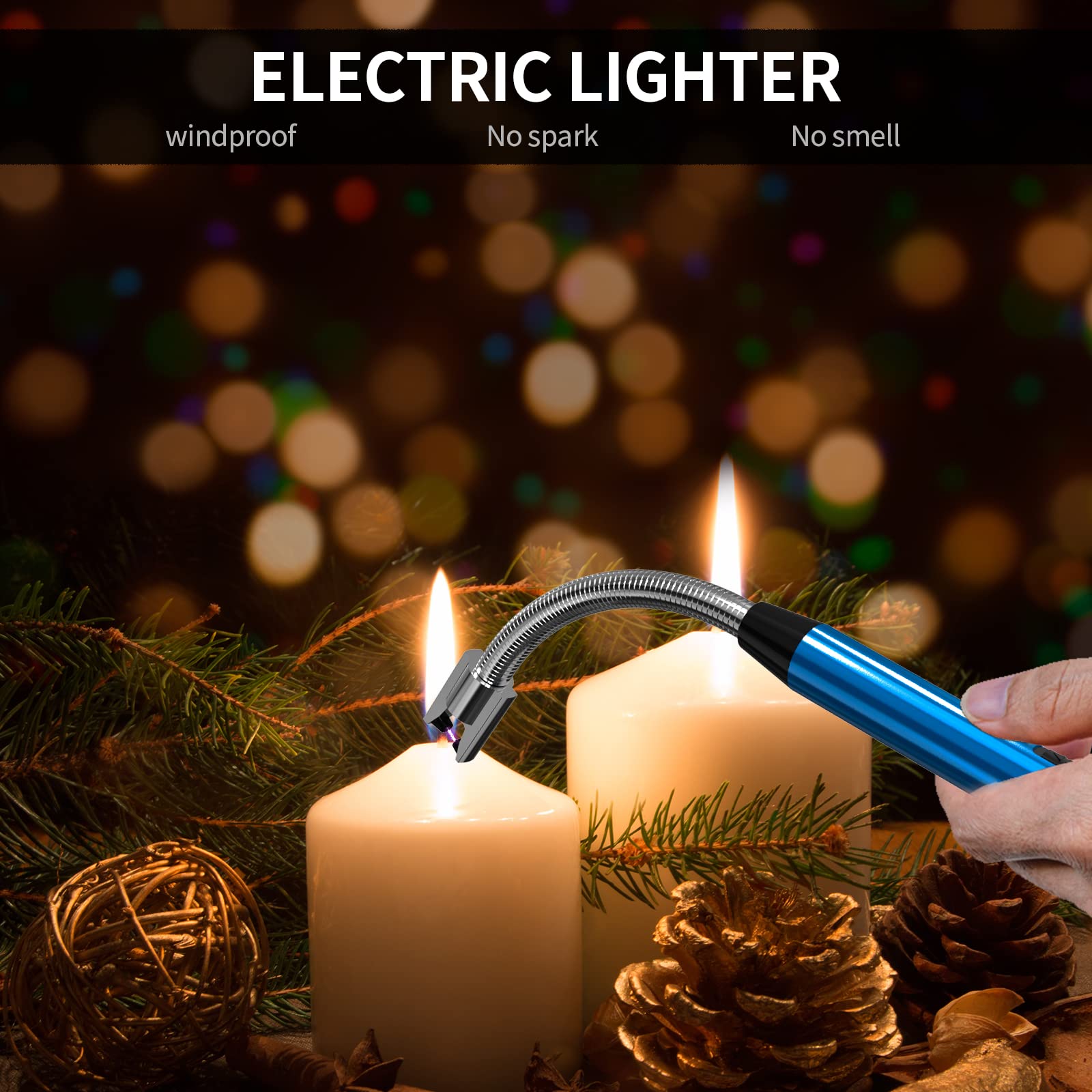 USB Rechargeable Plasma Arc Lighter for Candle & Grill - 360° Flexible Neck, Camping & Cooking (Blue)