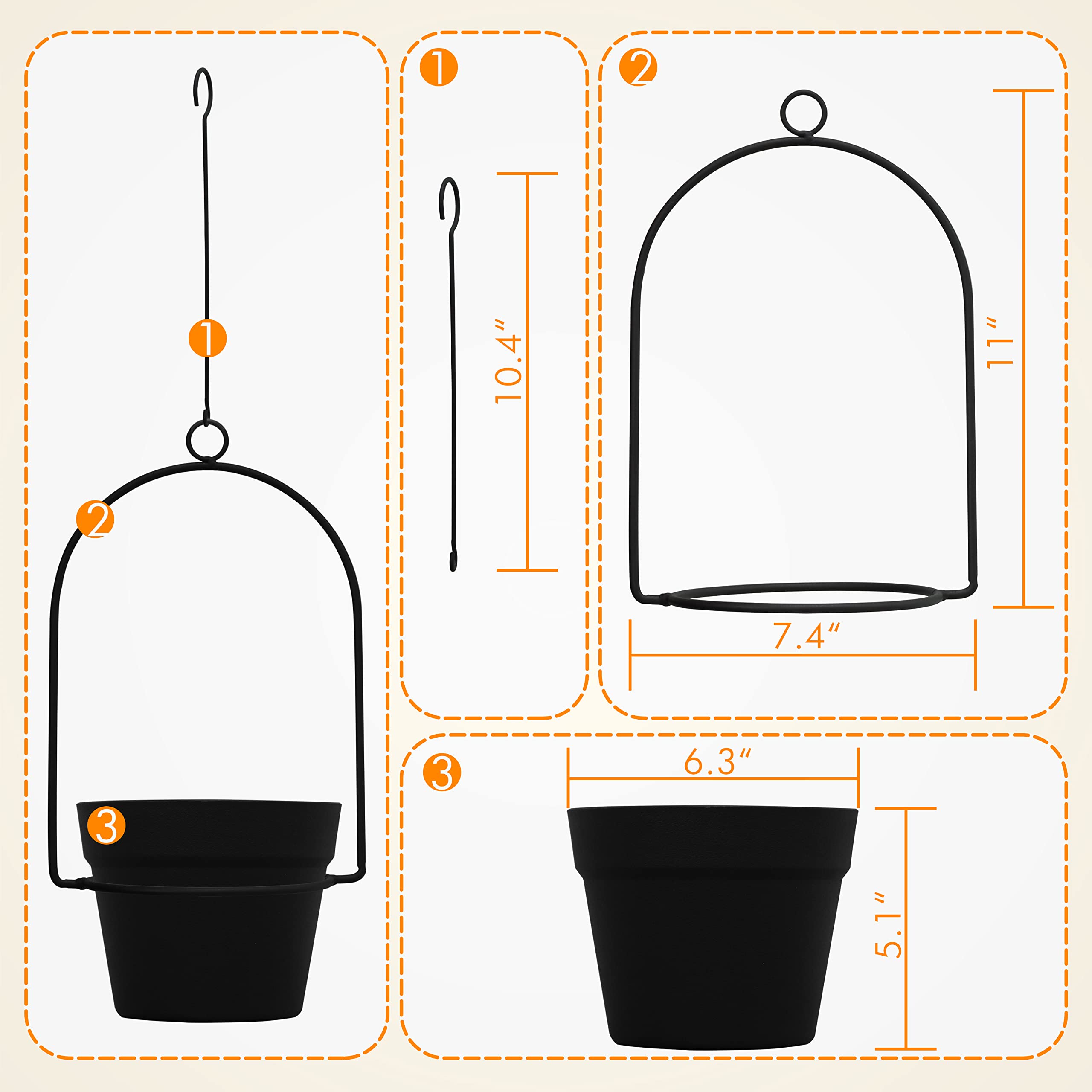 Gardzen 3 Pack Hanging Planters for Indoor & Outdoor Use - Black Flower Pots with Hangers for Plants, Flowers, Herbs - Perfect for Balcony, Patio, Garden, and Home Decor
