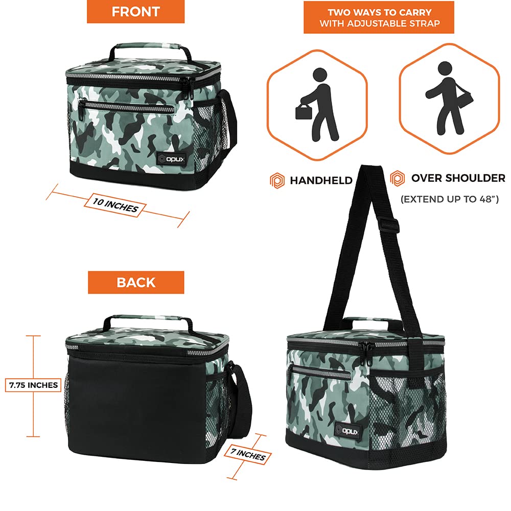 Opux Insulated Lunch Box for Men & Women - Leakproof Soft Cooler Tote for Work, School, Picnic & Beach - Large Lunch Bag with Shoulder Strap for Adults & Kids (Camo Green) - Perfect for Office Meals, School Lunches & Outdoor Adventures