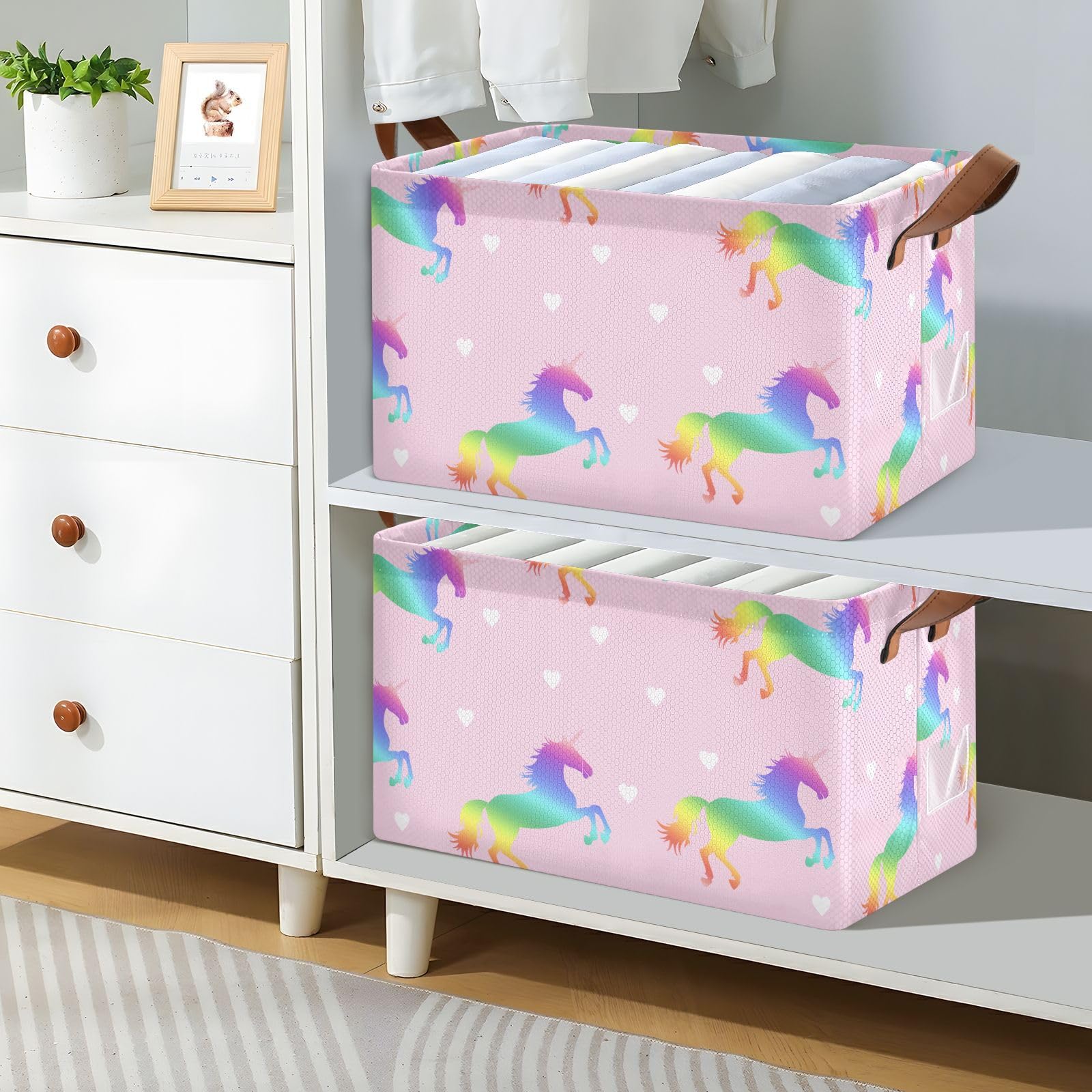 Emelivor Hearts Rainbow Unicorns Storage Bins - Foldable Organizer Baskets with Handles for Shelves, Dorm, Office, Nursery & Closet - Perfect for Books, Toys & Home Organization
