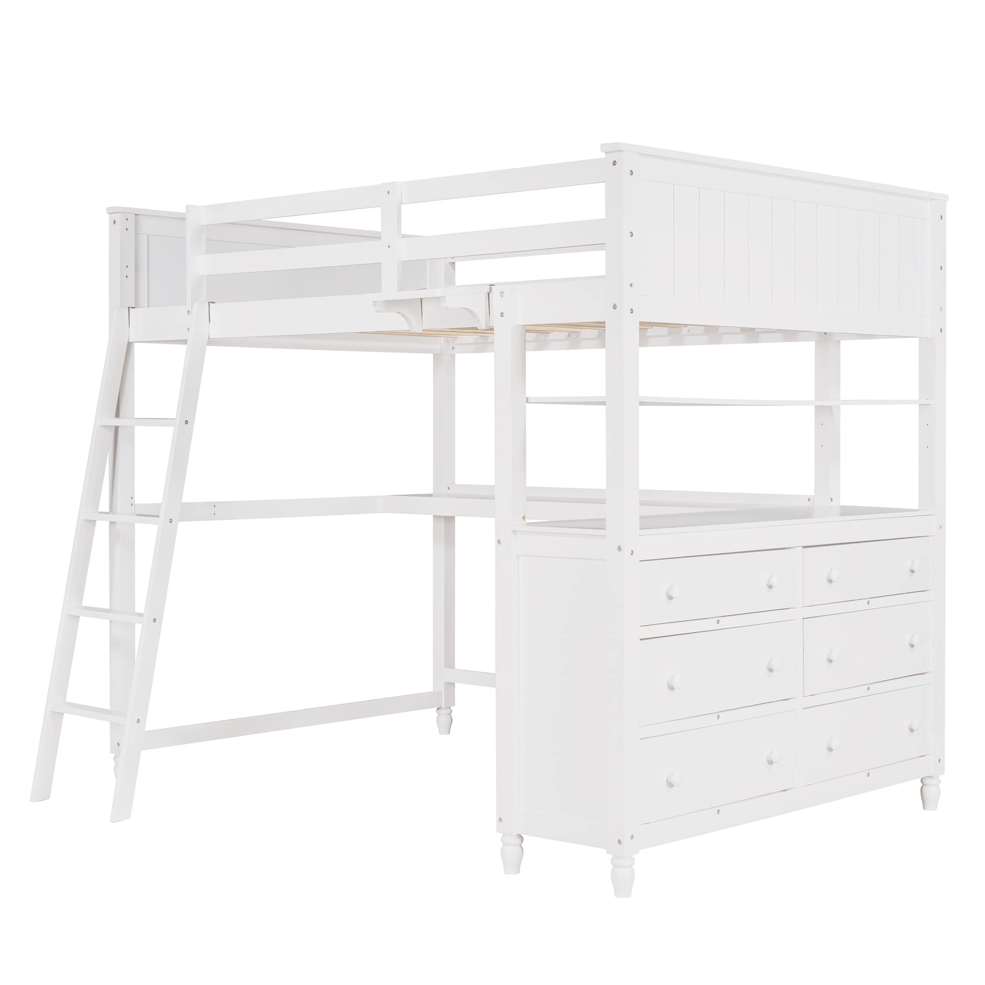 Full Size Wooden Loft Bed Frame with 6 Storage Drawers, Shelves, Desk & Safety Ladder - Sturdy Kids Bedroom Furniture for Small Spaces - Perfect for Teens, College Dorms & Tiny Homes (White)