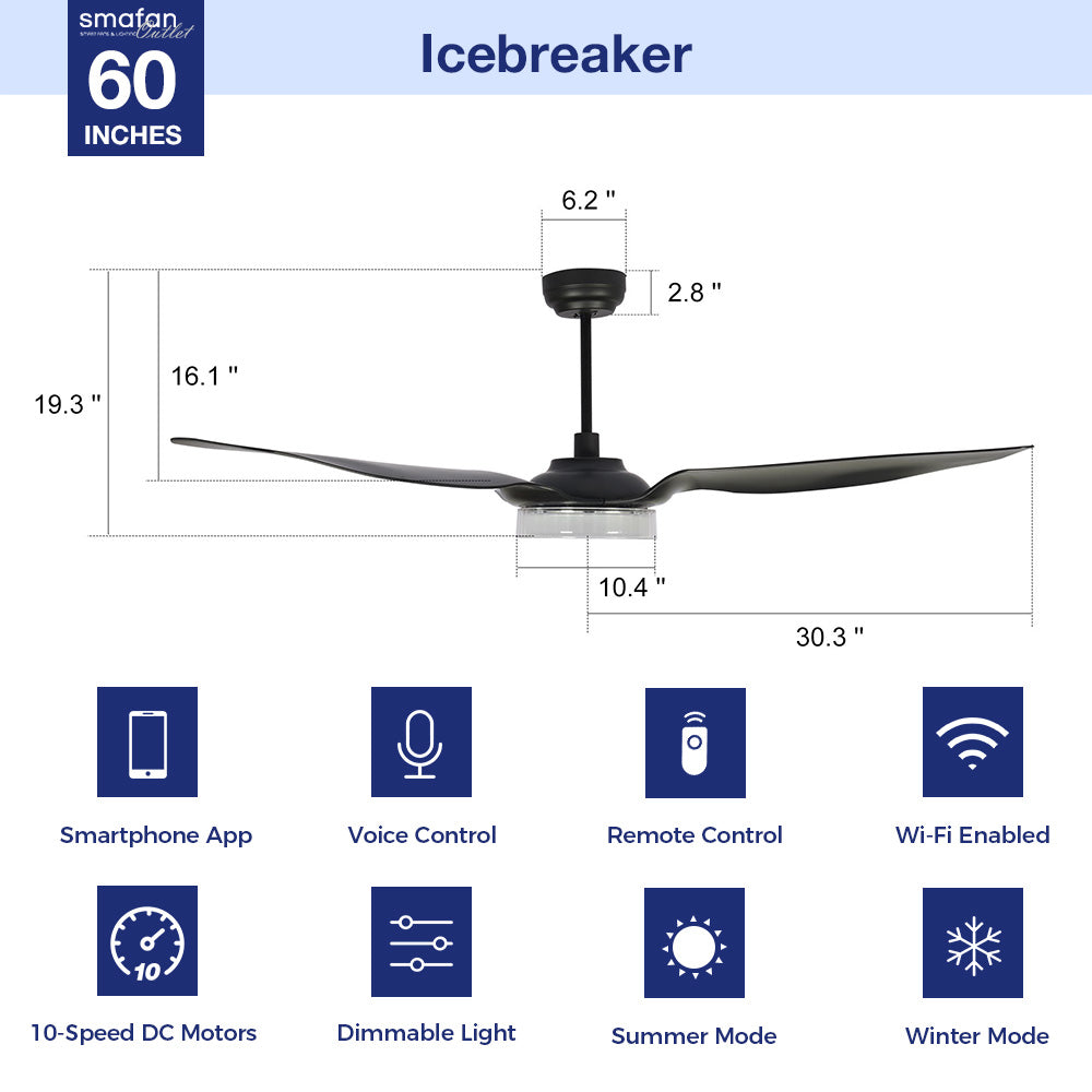 60 Inch Smart Ceiling Fan with LED Light & Remote Control - Energy Efficient, Quiet DC Motor - Modern Home Cooling for Bedroom, Living Room, Office (Set of 2)