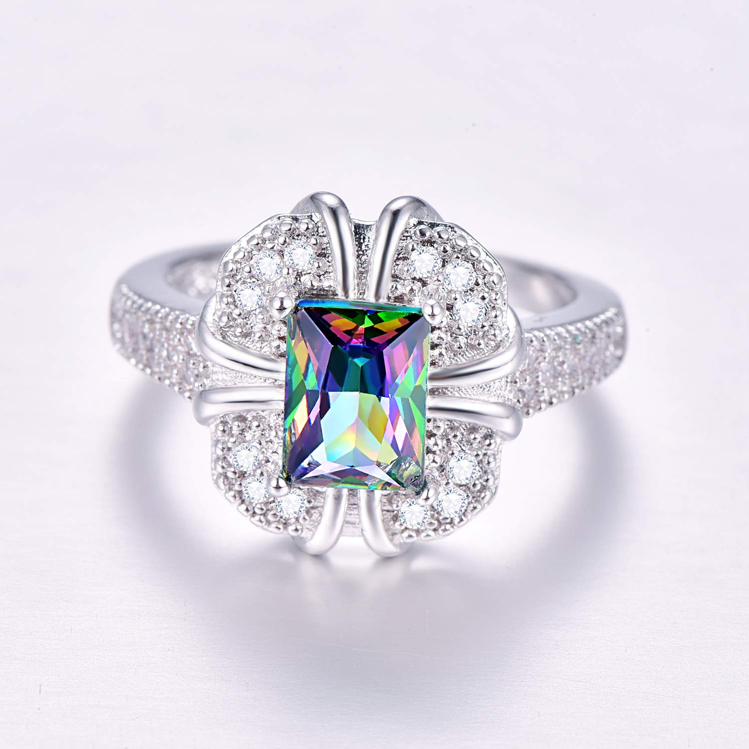 925 Sterling Silver Plated Emerald Quartz Radiant Cut Halo Ring for Women - Wedding, Engagement, Anniversary & Cocktail Party Jewelry Gift (Size 6) | Elegant Stackable Band for Everyday Wear & Special Occasions