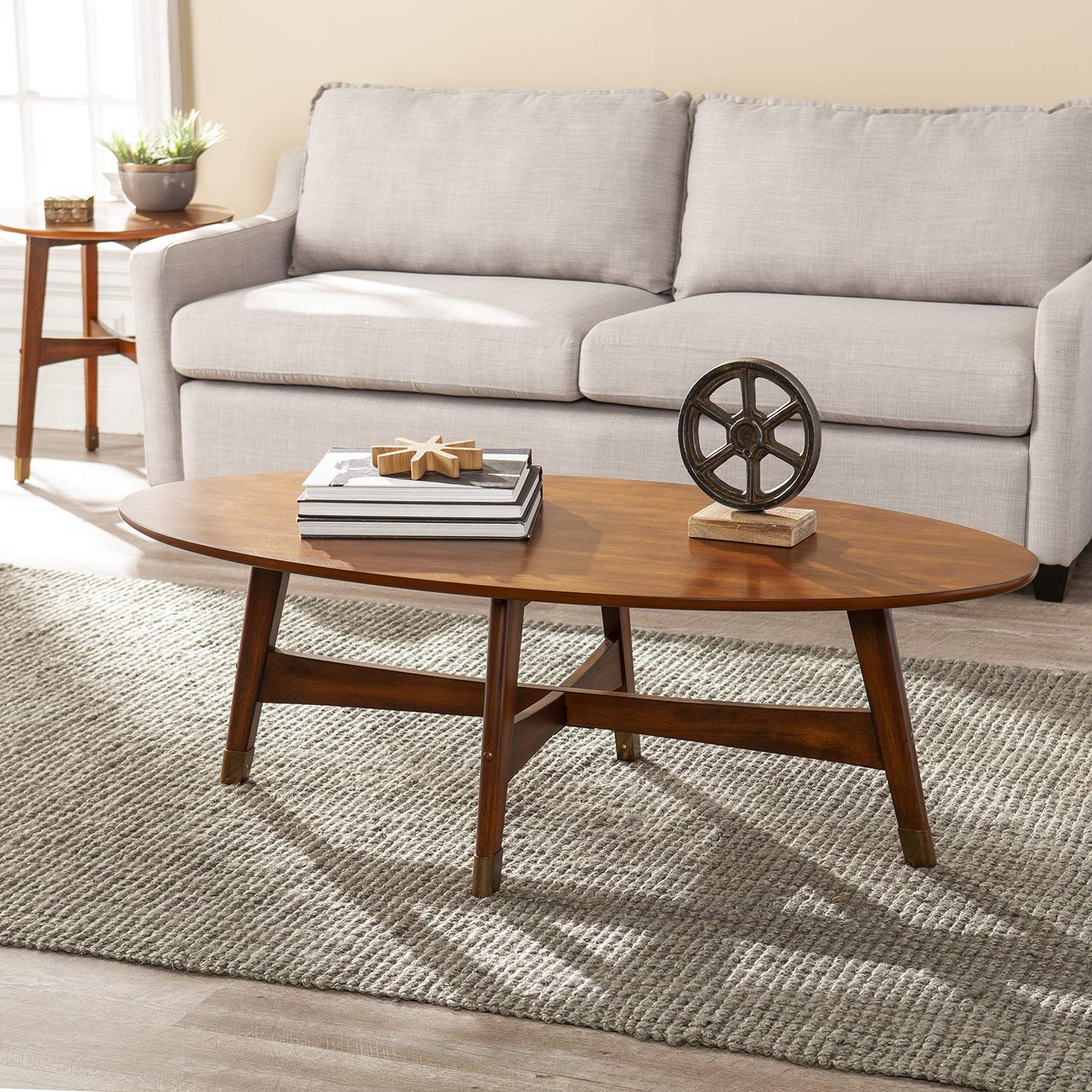 SEI Furniture Rhoda Oval Coffee Table - Dark Sienna & Antique Brass Finish | Modern Living Room Center Table for Small Spaces | Perfect for Home Decor, Coffee Table Books & Living Room Accent