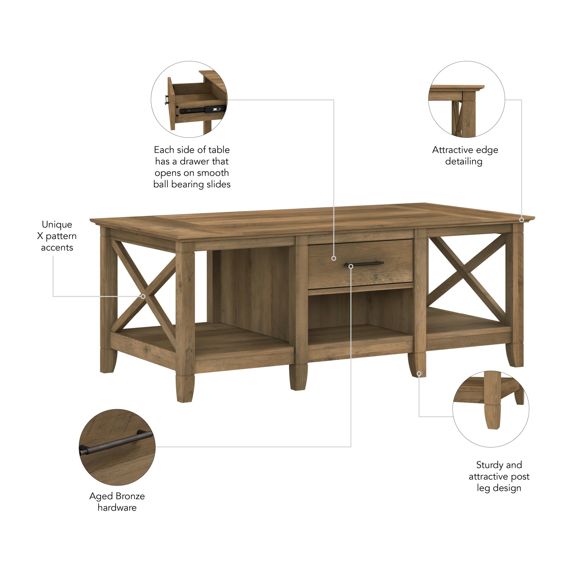 Rustic Reclaimed Pine Coffee Table with Storage - Bush Furniture Key West Style for Living Room & Lounge Decor