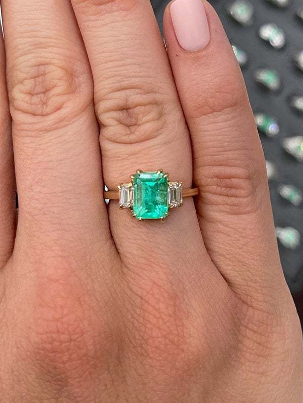 2.98tcw Emerald Three Stone Cut Diamond Ring in 14K Yellow Gold - Elegant Jewelry for Weddings, Anniversaries & Special Occasions
