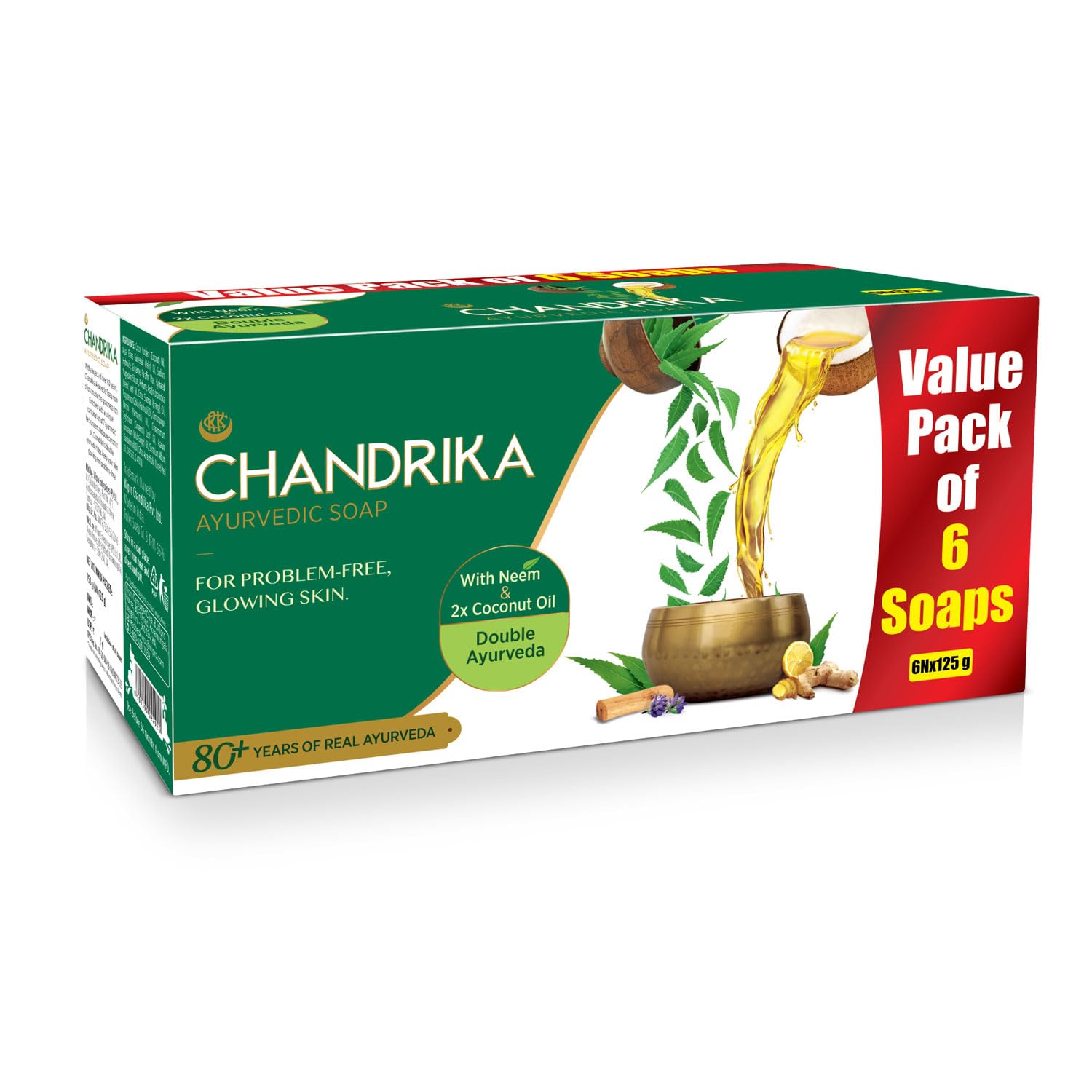 Chandrika Ayurvedic Soap Classic - Handmade Natural Soap for Radiant Skin, All Skin Types, 125g (6-Pack) | Gentle Cleansing & Moisturizing for Daily Skincare Routine