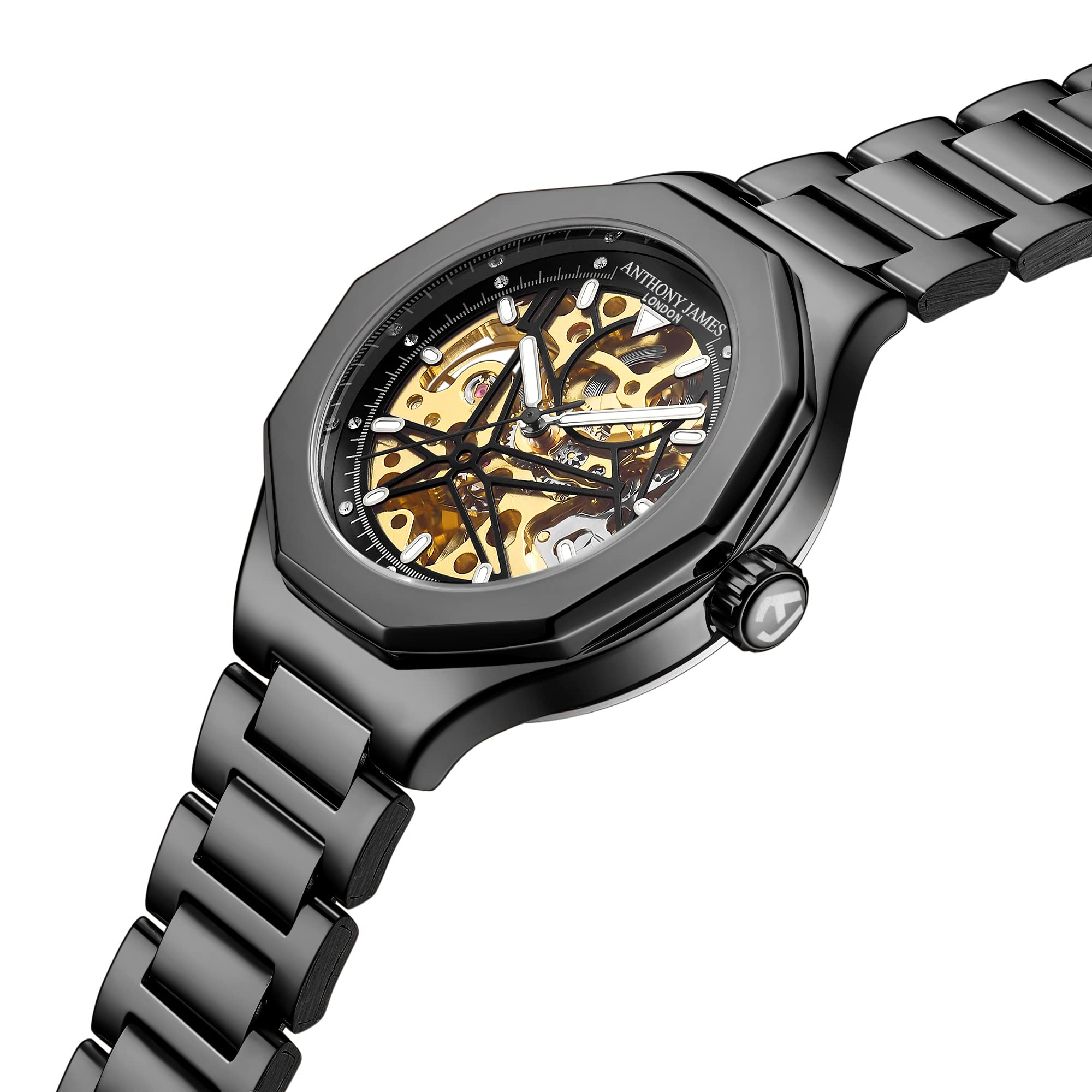 Anthony James Men's Skeleton Dial Sports Watch - Handcrafted 21 Jewel Analog Wristwatch with Geometric Bezel, Water & Scratch Resistant - Perfect for Outdoor Activities, Gym Workouts & Casual Wear