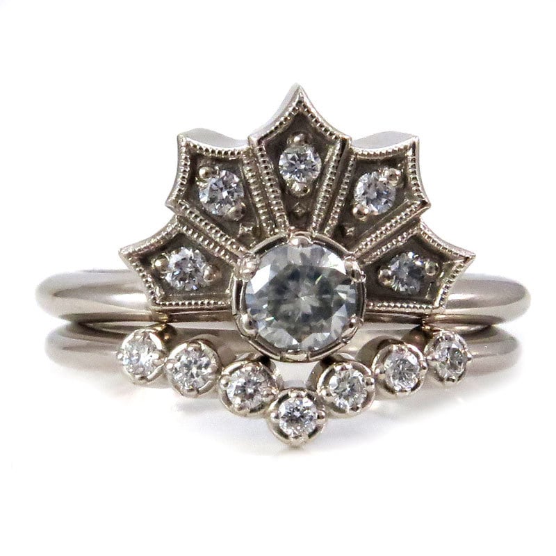 Modern Art Deco Engagement Ring Set - Moissanite & Diamond Crown Ring with Chevron Wedding Band for Women | Vintage Inspired Bridal Jewelry for Proposals, Anniversaries & Special Occasions