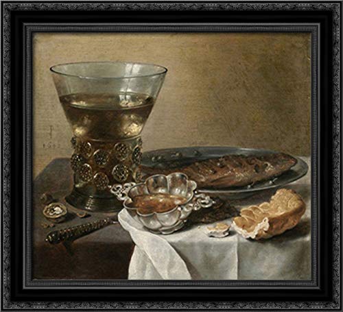 Pieter Claesz Still Life Painting - Silver Brandy Bowl, Wine Glass, Herring & Bread - 22x20 Black Ornate Wood Framed Canvas Art - Perfect for Dining Room Decor & Classic Art Collections
