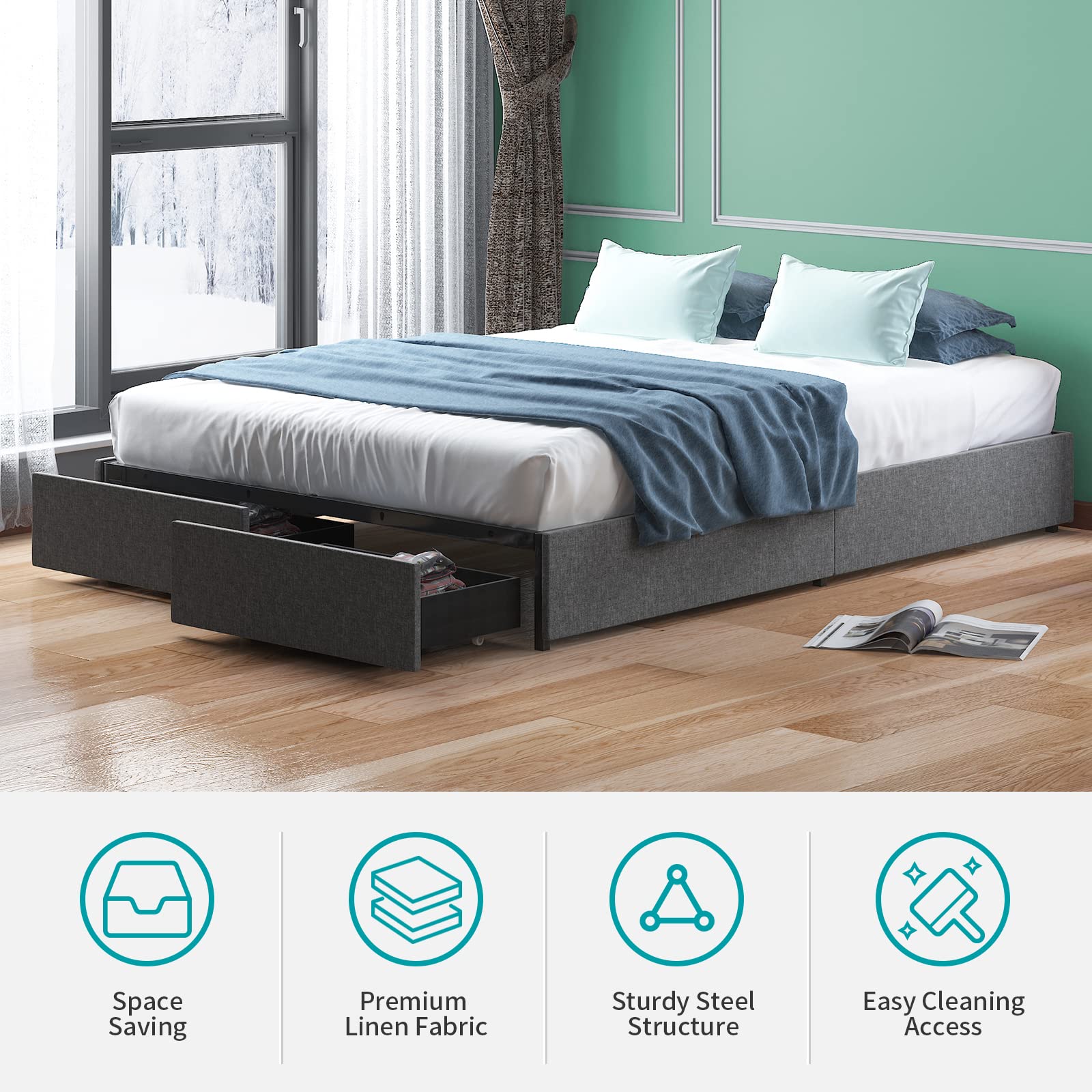 BALUS Queen Upholstered Platform Bed Frame with Storage Drawers - Heavy Duty Wood Slat Support, No Box Spring Needed, Noise Free & Easy Assembly, Dark Grey - Perfect for Small Bedrooms & Space-Saving Storage Solutions