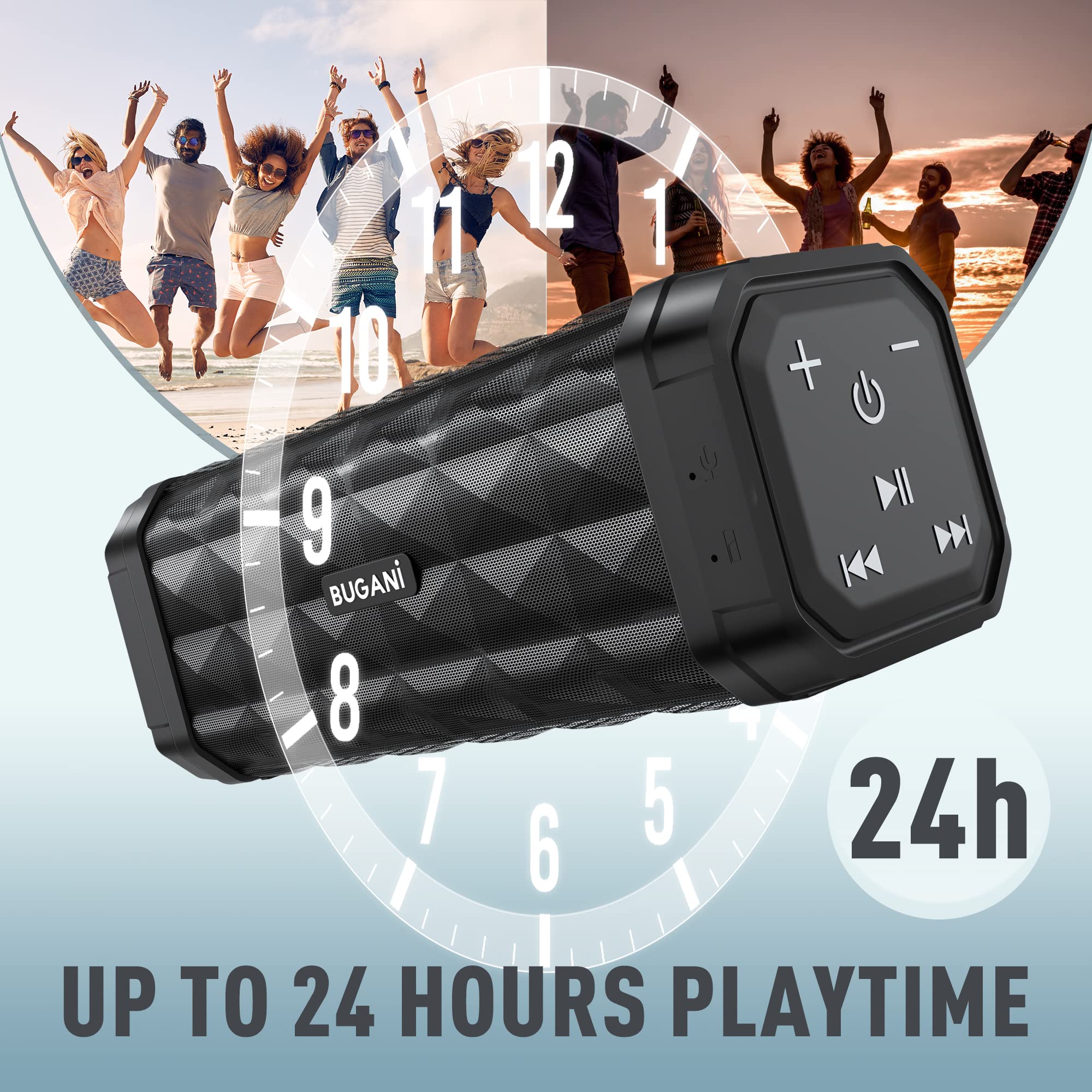 BUGANI M99 Bluetooth Speaker - Wireless Portable Speaker with Loud Stereo Sound, 24H Playtime, 100ft Range, IPX5 Waterproof & Built-in Mic - Perfect for Home, Outdoor, Travel, Camping & Beach Parties (Black)
