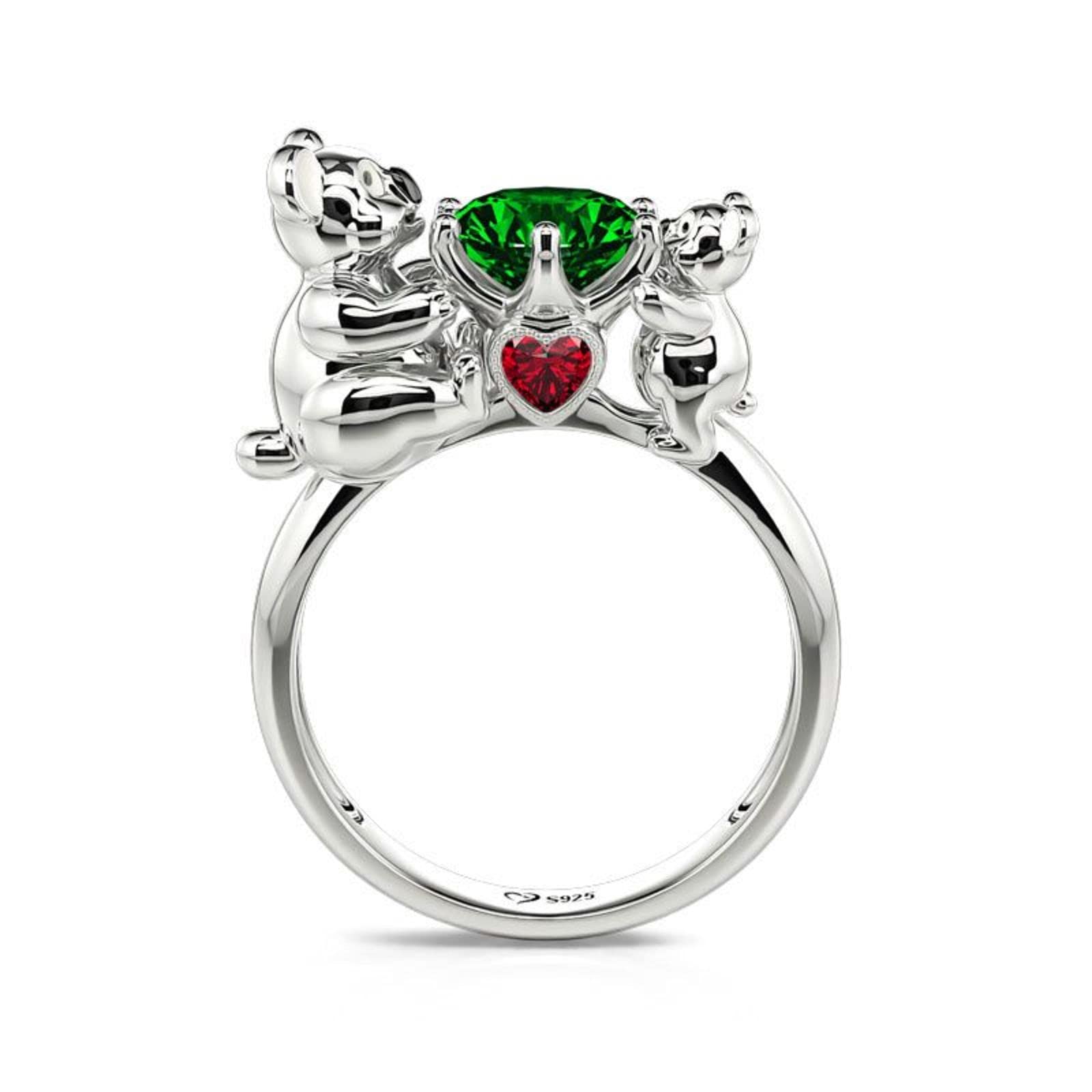 Jeulia 6.1 Carat Sterling Silver Koala Bear Elephant Penguin Ring - Emerald Green Garnet Red Stone & CZ Diamond Band for Women | Mother & Baby Theme, Perfect for Engagement, Anniversary, Promise Ring, Graduation & Birthday Gifts | Ideal for Animal Lovers, Nature-Inspired Jewelry & Special Occasions