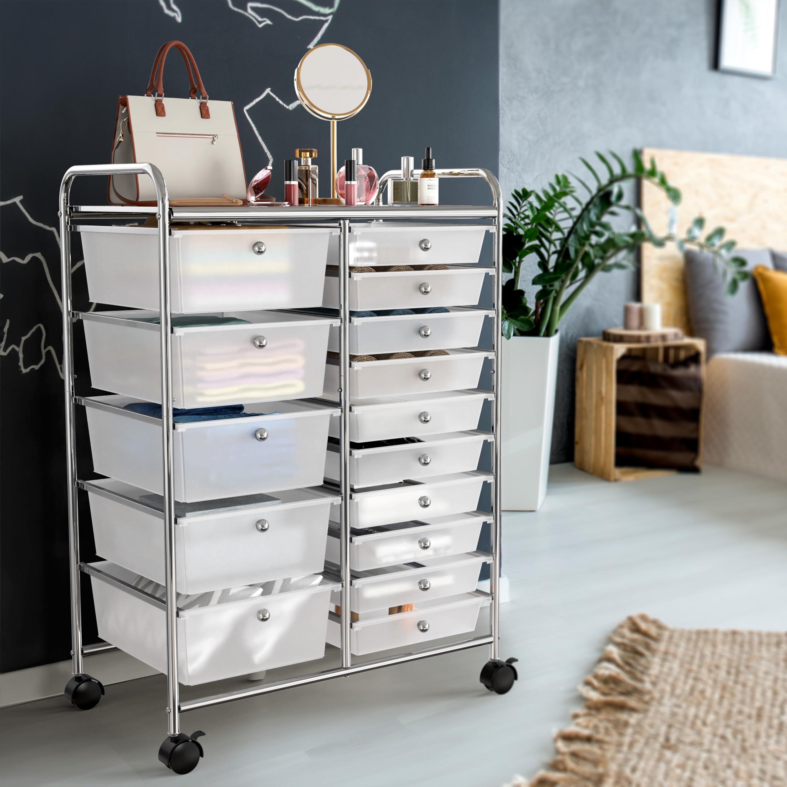 15-Drawer Rolling Utility Cart - Chrome Mobile Storage Organizer for Art, Craft & Houseware Supplies | Perfect for Craft Rooms, Workshops & Home Organization