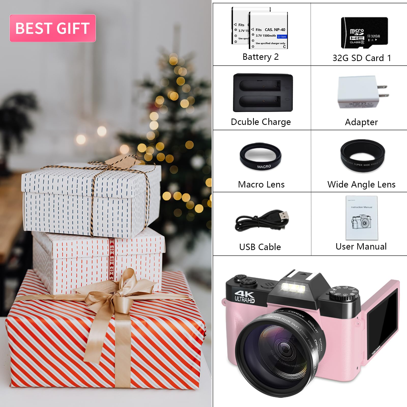 VETEK 4K 48MP Digital Camera for Photography & Vlogging - 16X Zoom, Manual Focus, Wide-Angle & Macro Lens - Includes 32GB Card & 2 Batteries (Pink) - Perfect for Travel, YouTube Videos & Student Photography Projects