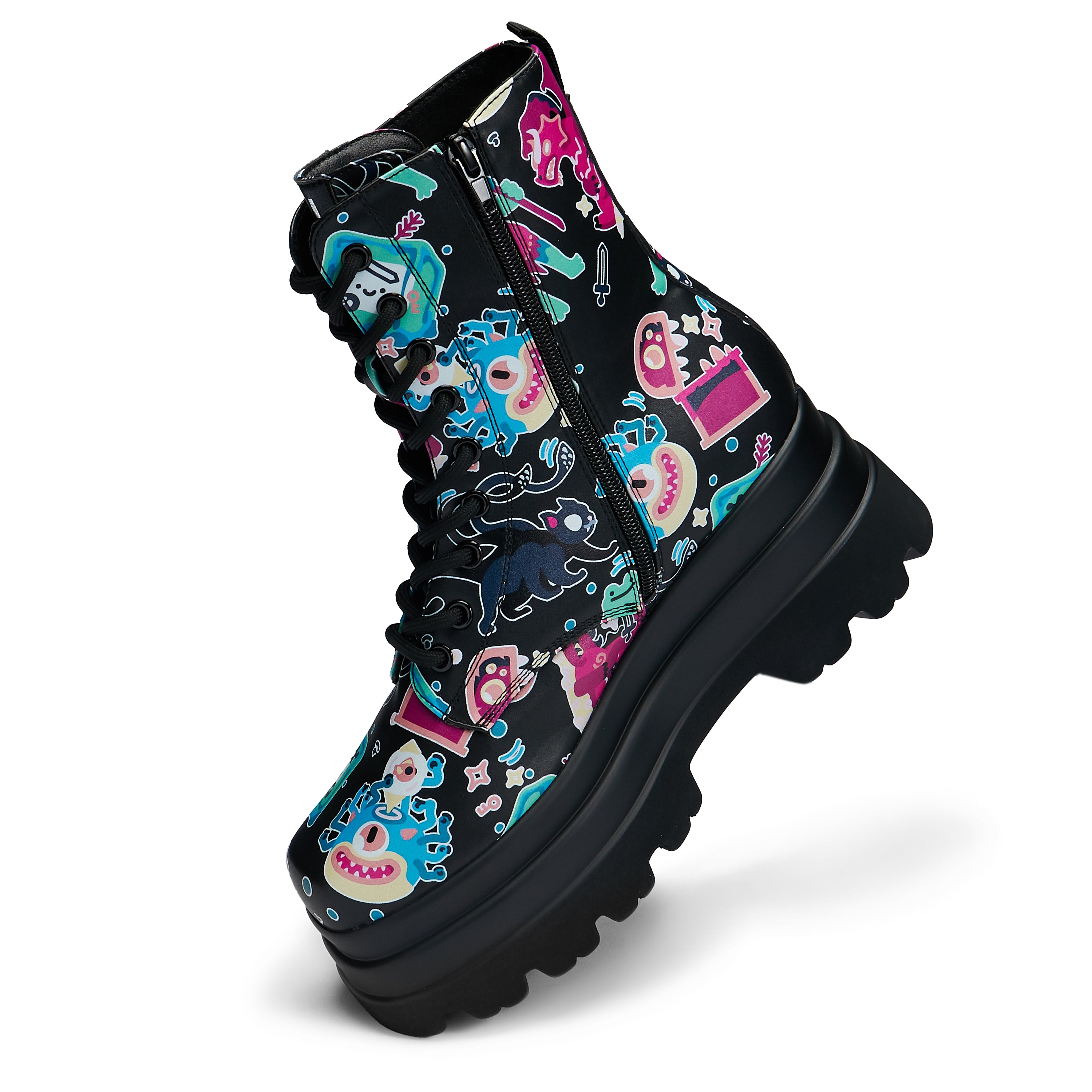 L’otta Monsters Trident Platform Boots - Black Multi Color Chunky Combat Boots for Women | Gothic Punk Fashion, Cosplay & Streetwear Outfits
