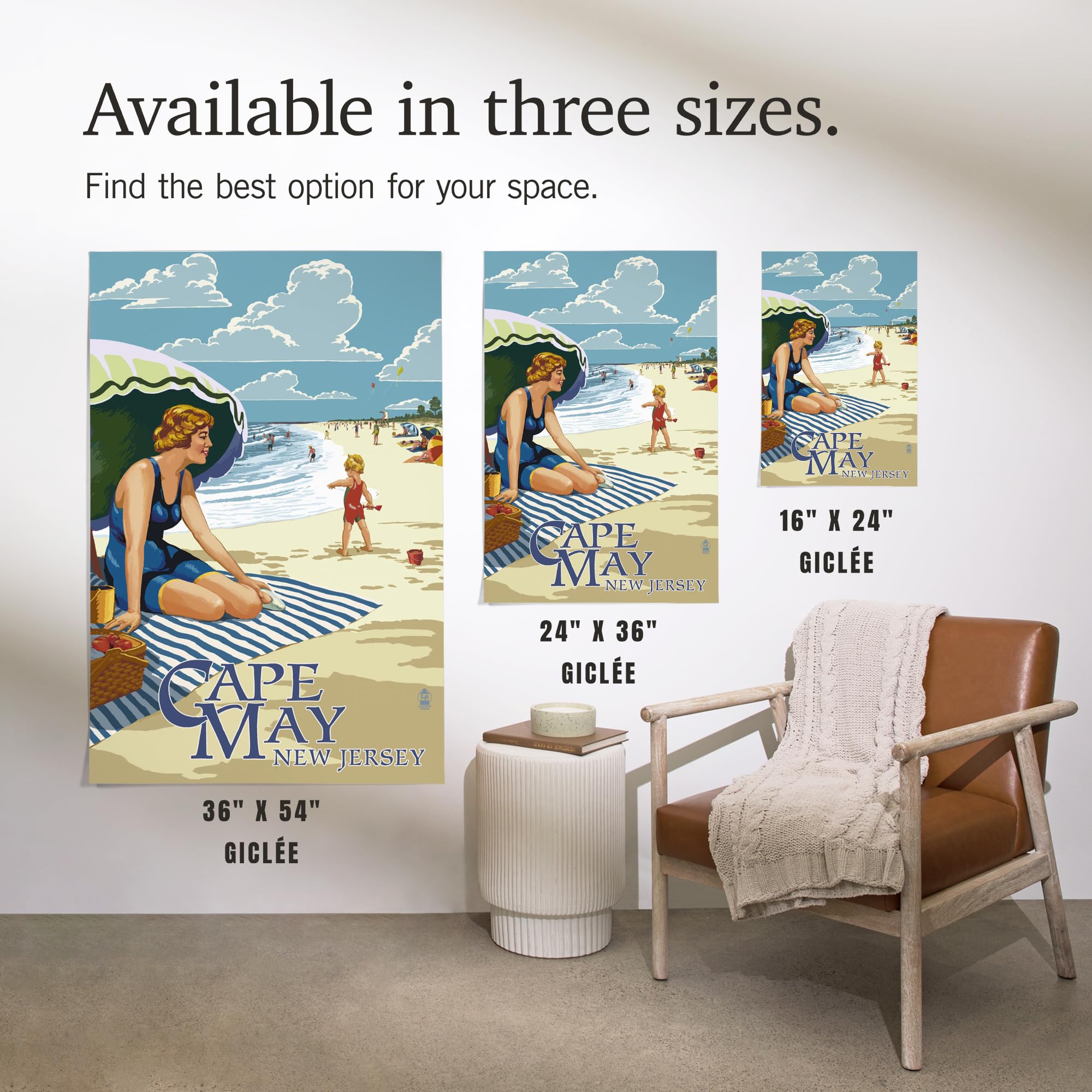 Lantern Press 36x54 Inch Giclee Art Print - Cape May New Jersey Beach Scene with Woman - Premium Wall Decor for Living Room, Bedroom & Office
