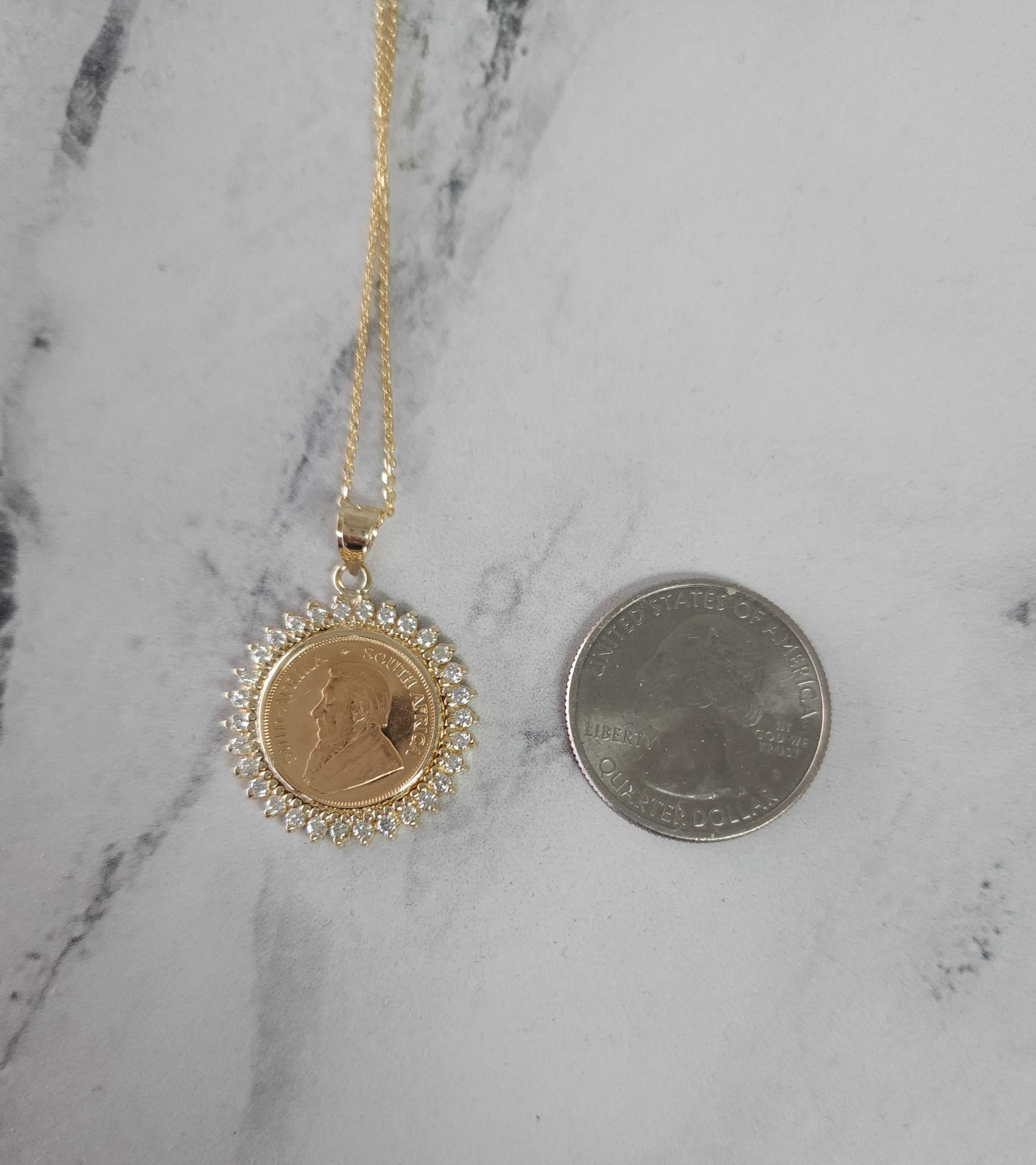 South African Krugerrand Coin Necklace with Diamond Halo - 1 oz Gold Coin Pendant Jewelry for Women - Perfect for Gifts, Special Occasions & Luxury Fashion Accessories