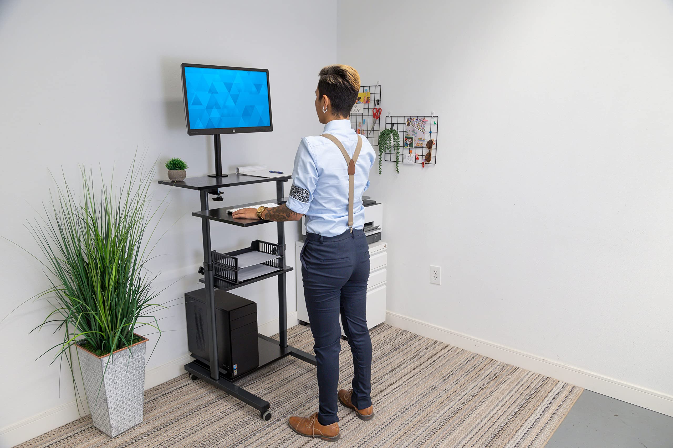 Mount-It! Adjustable Height Mobile Standing Desk with Monitor Arm - Black Rolling Computer Workstation & Presentation Cart (MI-7942B) - Perfect for Home Office, Classroom & Conference Room Presentations