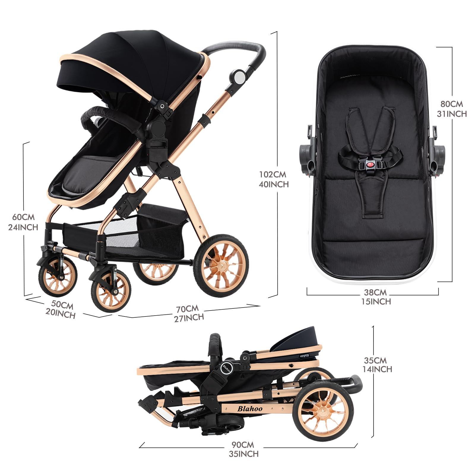 Blahoo Baby Stroller for Toddlers - Lightweight Foldable Aluminum Alloy Bassinet Pushchair with Adjustable Backrest & Reversible Seat | Perfect for Newborns, Infants & Travel | Gold & Black Design